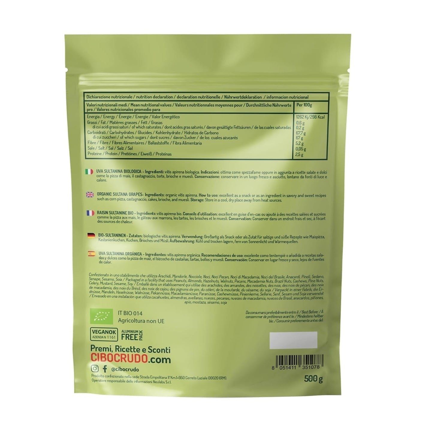 Ekologiska svavelhaltiga sultaner - 500g. Uttorkad och rå. Dehydrerade sultanor utan tillsatt socker för konsumtion som mellanmål eller desserter. Naty Shop uttorkade produkter