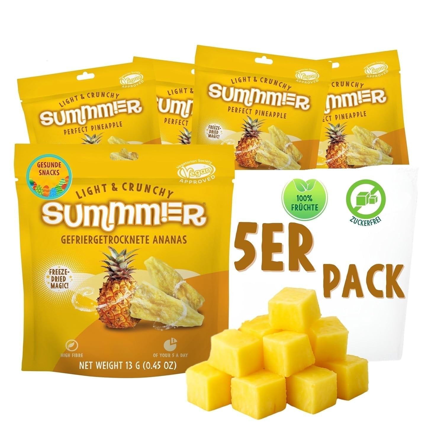 Sommar frystorkade jordgubbar - förpackning om 5 - sockerfria, 100 % naturliga, läckra knapriga mellanmål för barn och vuxna, perfekt för flingor och lunchlådor (55g) Torkade produkter Naty Shop Pack of 5 Ananas