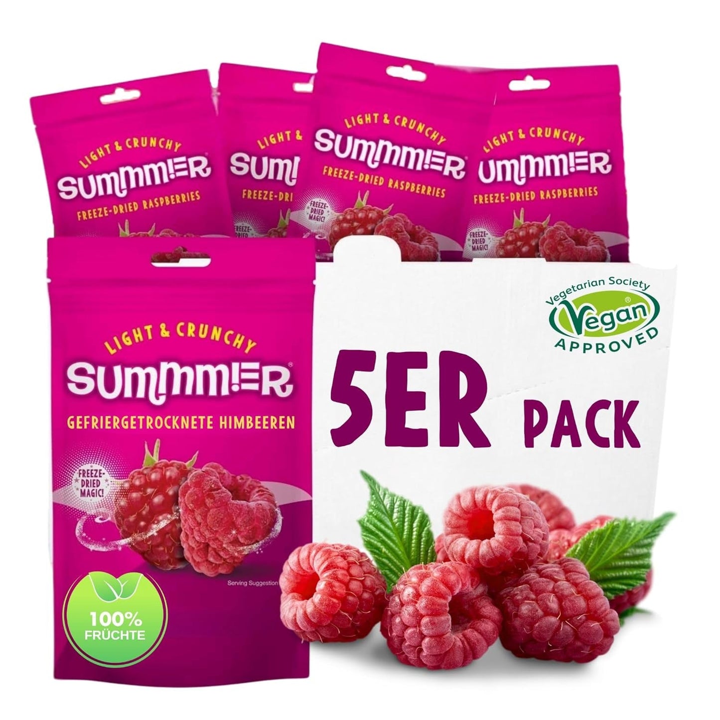 Summer Frystorkade Jordgubbar - Paket med 5 - Sockerfritt, 100 % naturligt, läckra knapriga mellanmål för barn och vuxna, idealiskt för flingor och lunchlådor (55 g) Torkade produkter Naty Shop Paket med 5 hallon