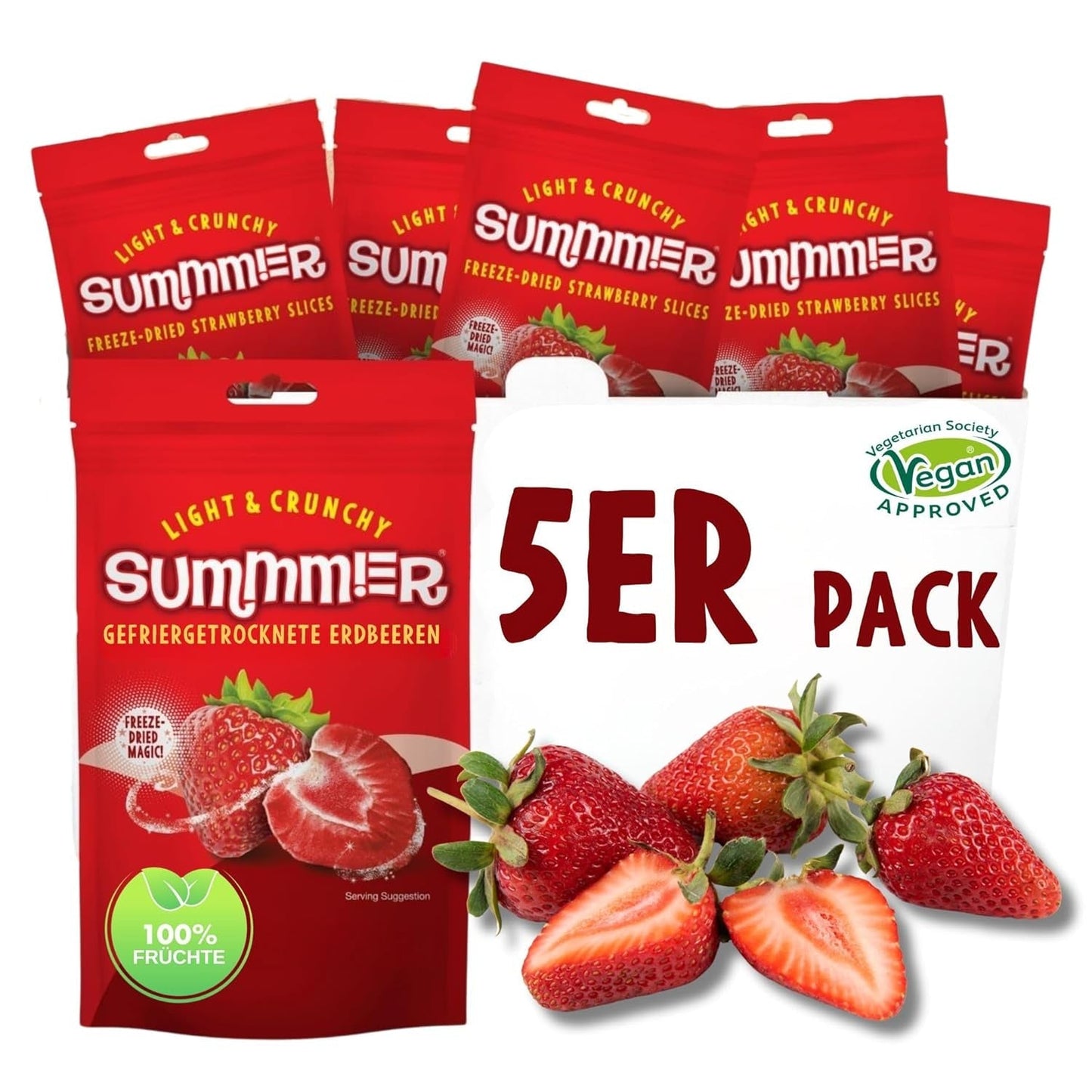 Sommar frystorkade jordgubbar - förpackning om 5 - sockerfria, 100 % naturliga, läckra knapriga mellanmål för barn och vuxna, perfekt för flingor och lunchlådor (55g) Torkade produkter Naty Shop Paket med 5 jordgubbar