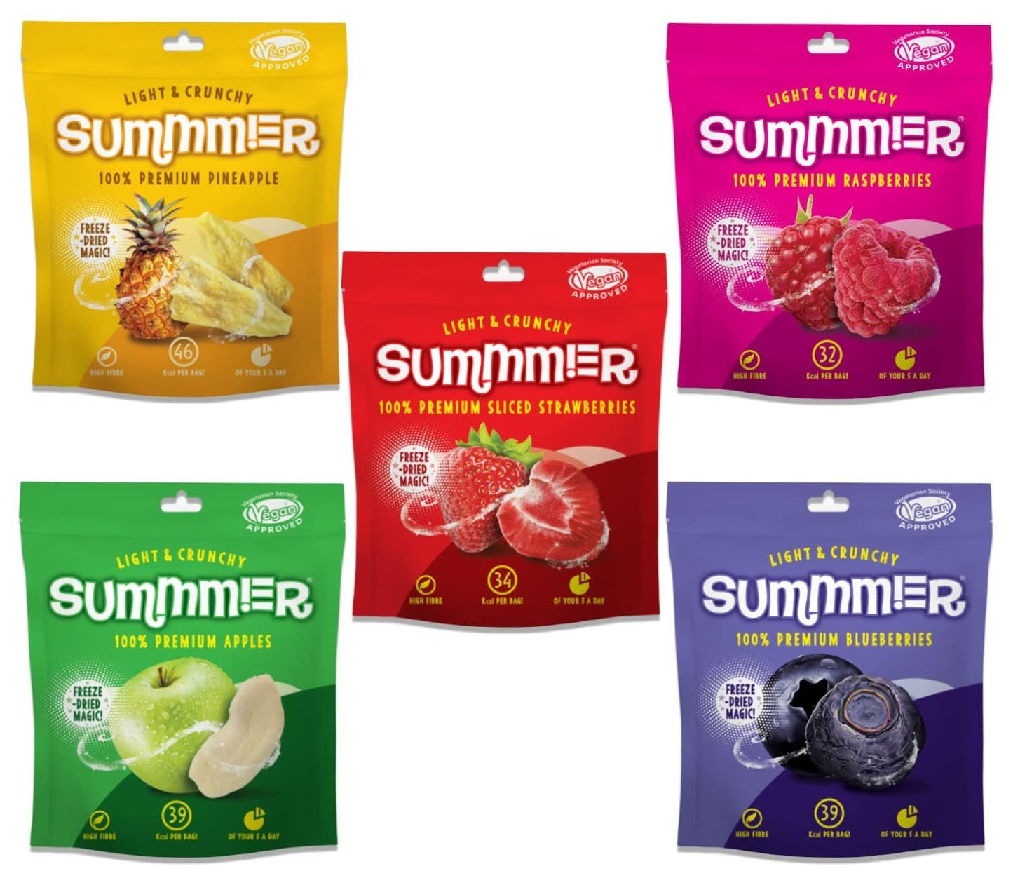 Summer Frystorkade jordgubbar - förpackning med 5 - sockerfria, 100 % naturliga, läckra knapriga mellanmål för barn och vuxna, perfekt för flingor och lunchlådor (55 g) Naty Shop torkade produkter Paket med 5 mix