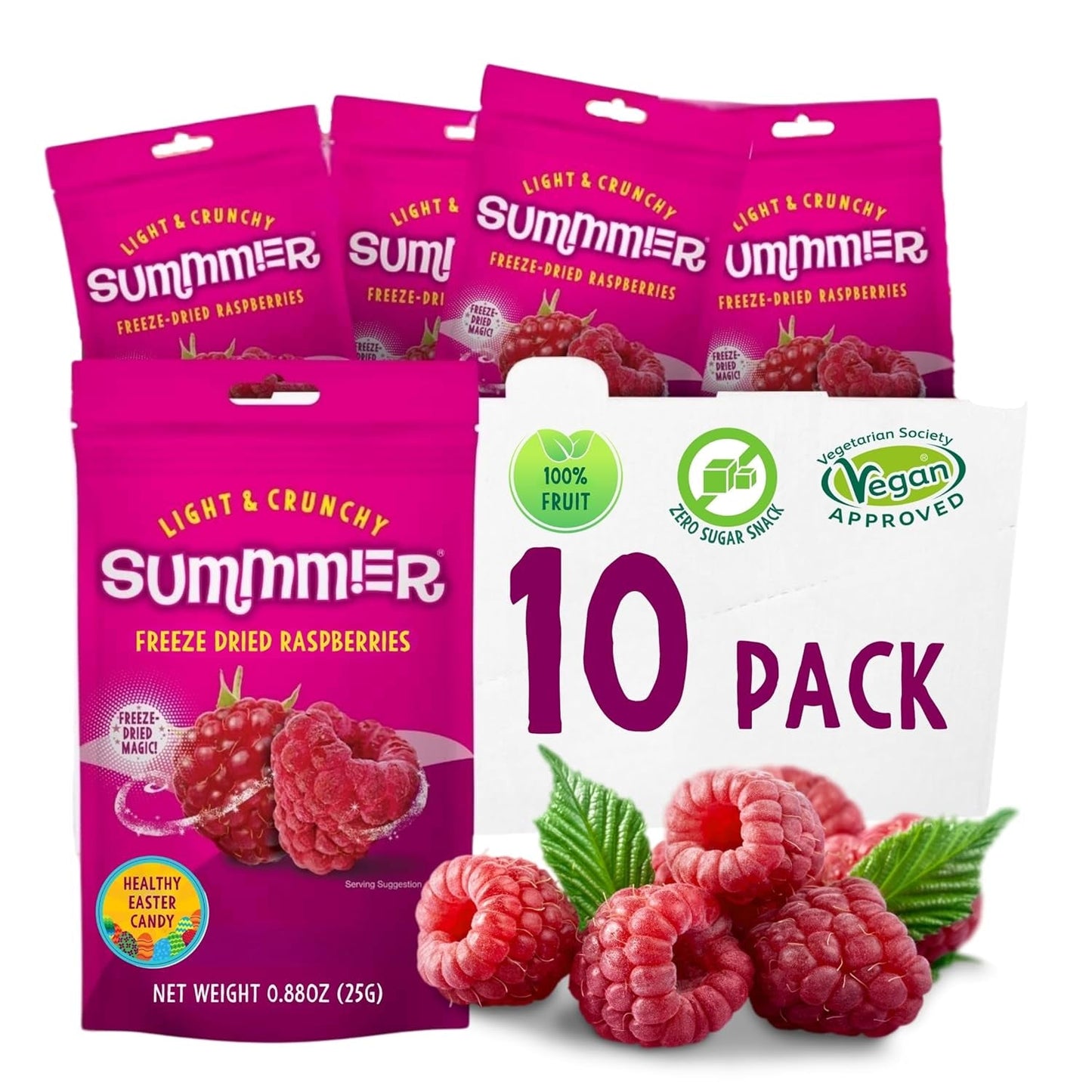 Sommar frystorkade jordgubbar - förpackning om 5 - sockerfria, 100 % naturliga, läckra knapriga mellanmål för barn och vuxna, perfekt för flingor och lunchlådor (55g) Torkade produkter Naty Shop Paket med 10 hallon