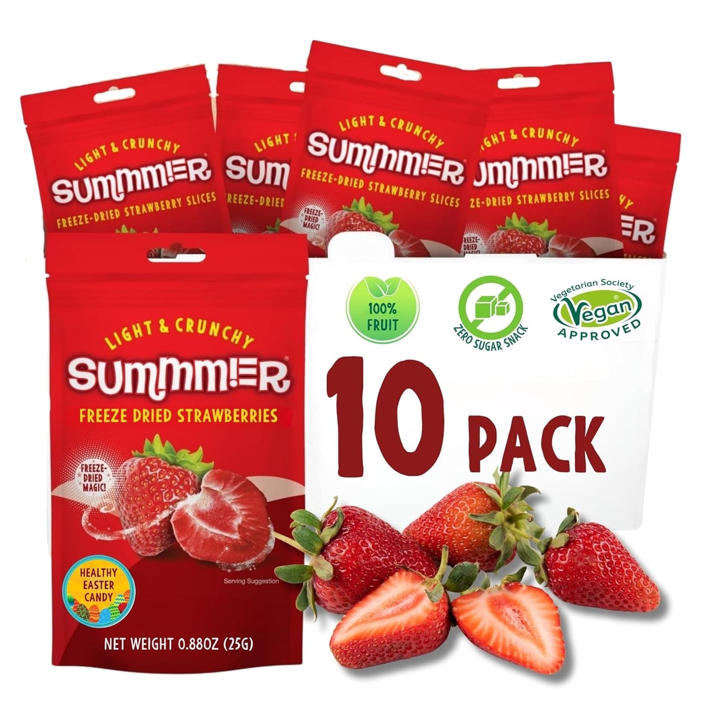 Sommar frystorkade jordgubbar - förpackning om 5 - sockerfria, 100 % naturliga, läckra knapriga mellanmål för barn och vuxna, idealiska för flingor och lunchlådor (55g) Torkade produkter Naty Shop Paket med 10 jordgubbar