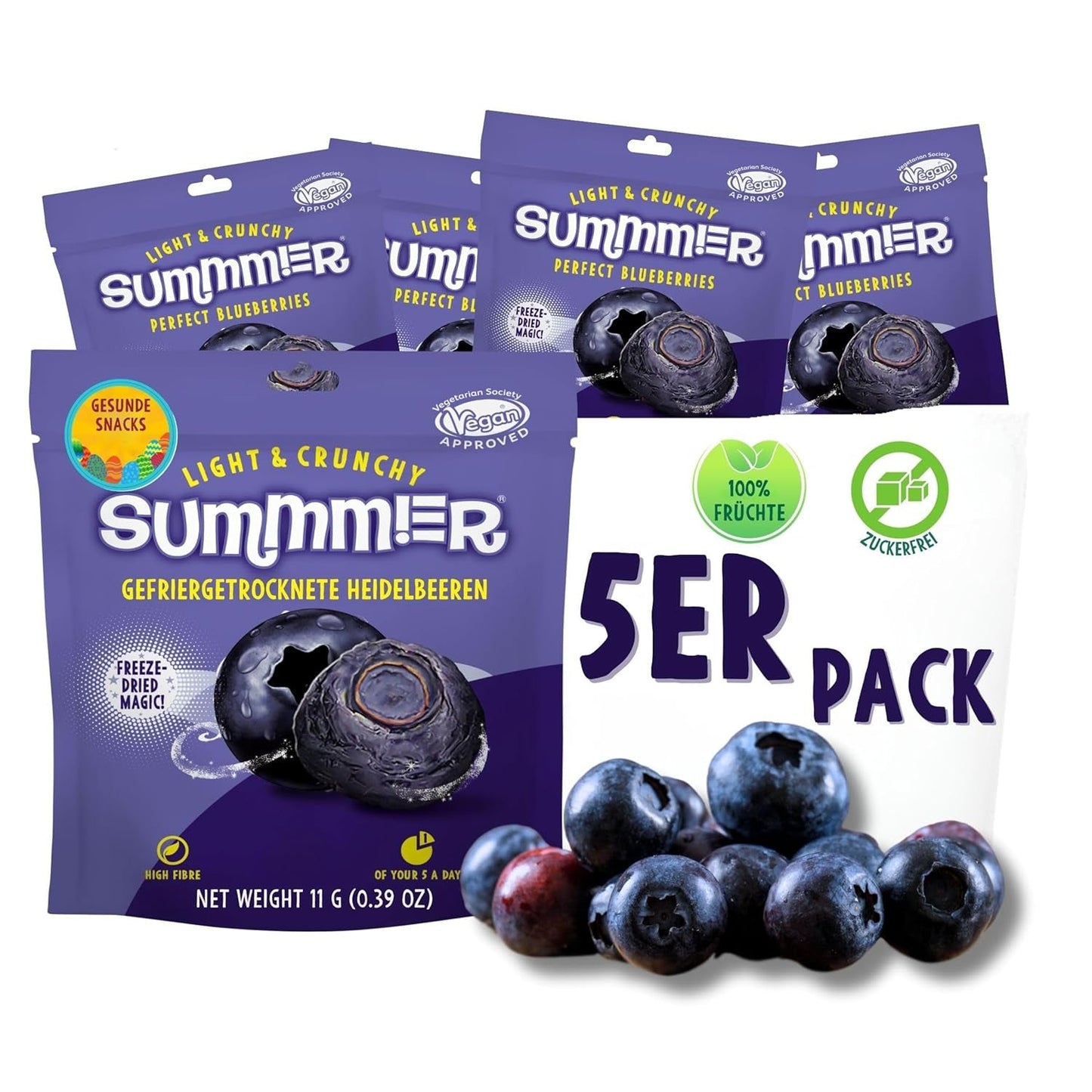 Sommar frystorkade jordgubbar - förpackning om 5 - sockerfria, 100 % naturliga, läckra knapriga mellanmål för barn och vuxna, idealiska för flingor och lunchlådor (55g) Torkade produkter Naty Shop Pack of 5 Blueberries