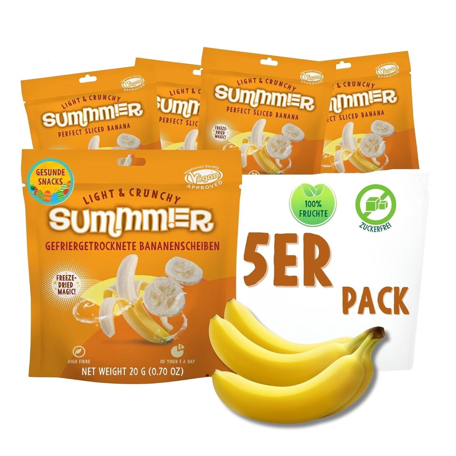 Sommar frystorkade jordgubbar - förpackning om 5 - sockerfria, 100 % naturliga, läckra knapriga mellanmål för barn och vuxna, perfekt för flingor och lunchlådor (55 g) Torkade produkter Naty Shop Pack 5 Bananer