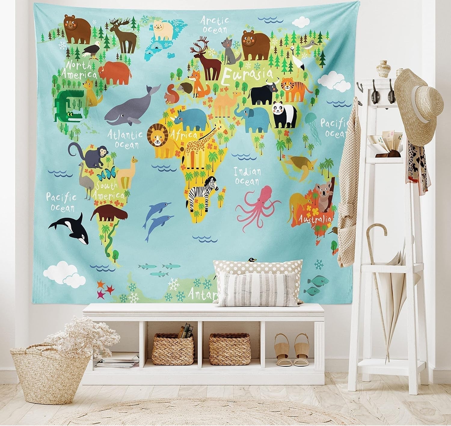 Gobeläng abakuhaus wanderlust djurvärldskarta ritningar Hem - Tillbehör och dekorationer Naty Shop Blekblå Gulgrön 150L X 110B Cm