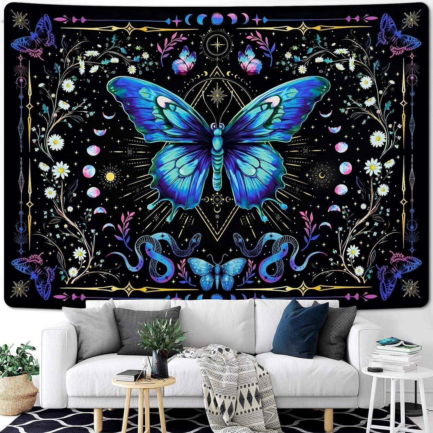 Gobeläng alishomtll fjäril månfas blommig tusensköna svart Hem - Tillbehör och dekorationer Naty Shop