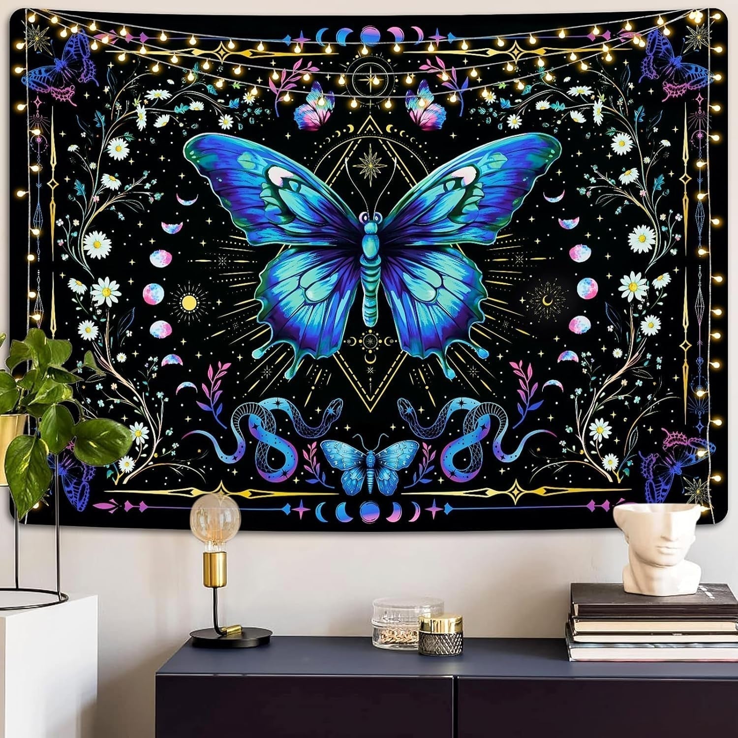 Gobeläng alishomtll fjäril månfas blommig tusensköna svart Hem - Tillbehör och dekorationer Naty Shop