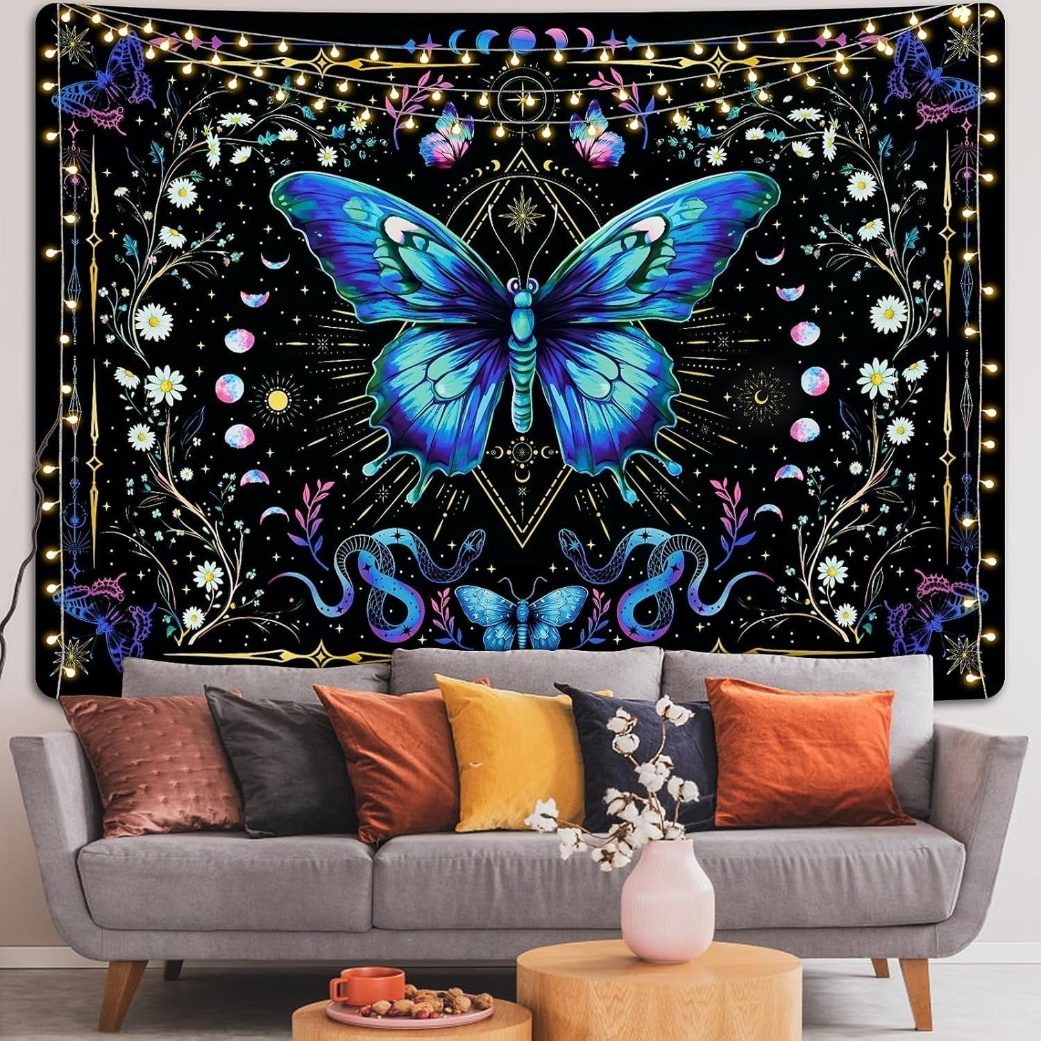 Gobeläng alishomtll fjäril månfas blommig tusensköna svart Hem - Tillbehör och dekorationer Naty Shop
