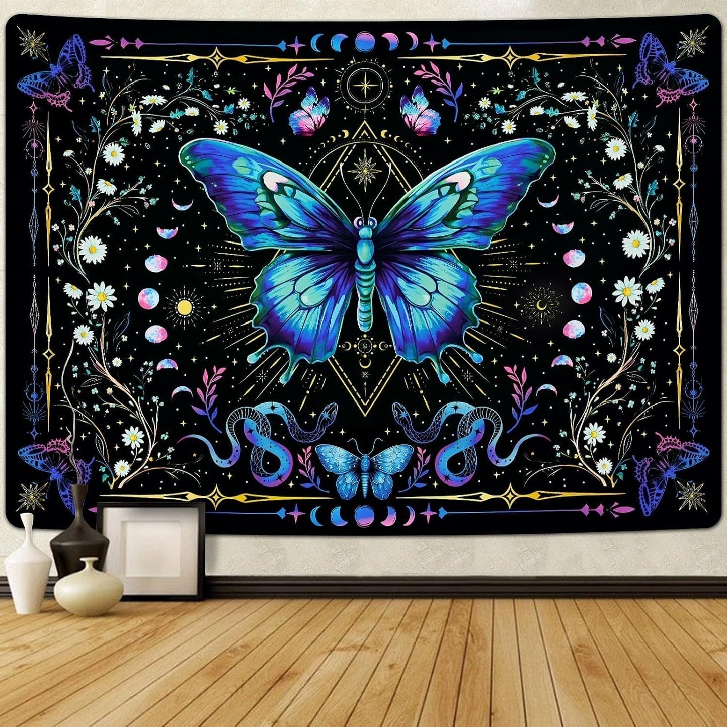 Gobeläng alishomtll fjäril månfas blommig tusensköna svart Hem - Tillbehör och dekorationer Naty Shop Multi 210L X 150B Cm