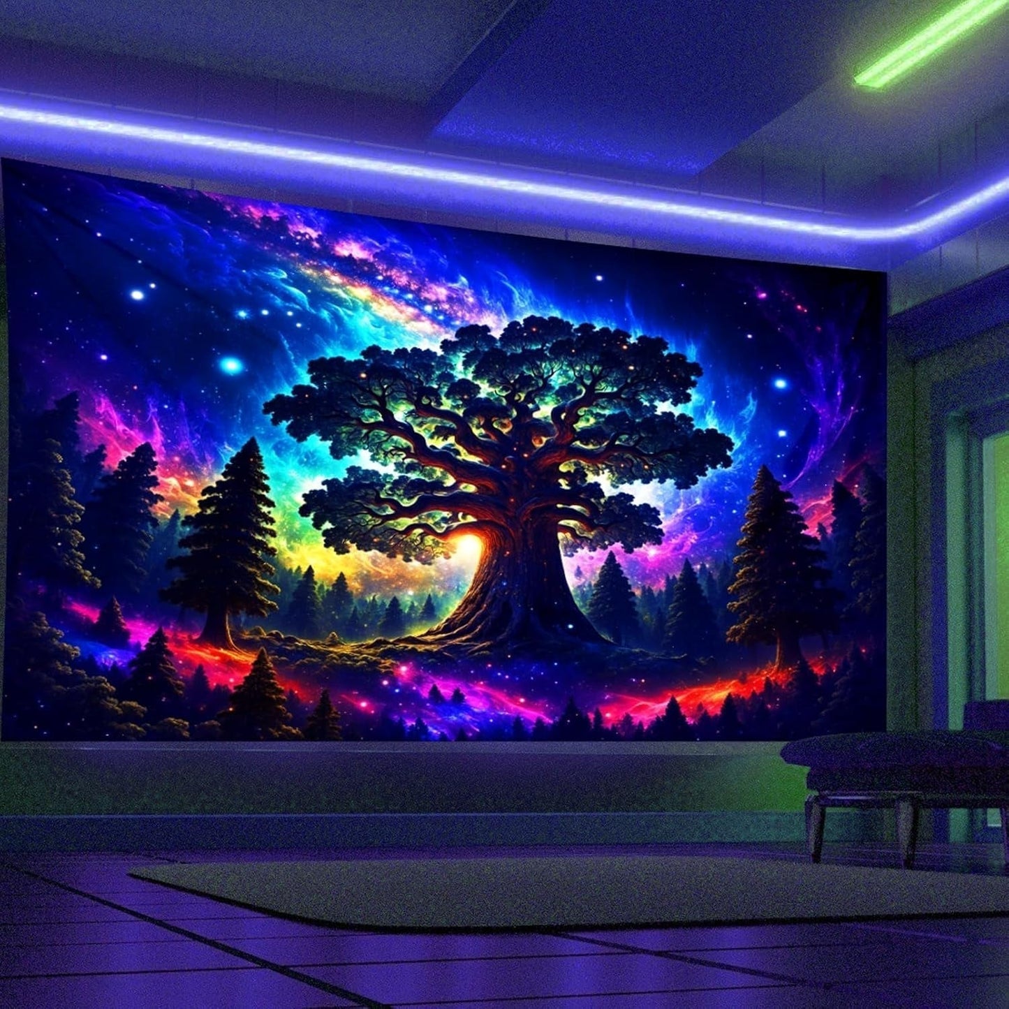 Gobeläng blacklight skog psykedelisk natur träd stjärnor galax Hem - Tillbehör och dekorationer Naty Shop