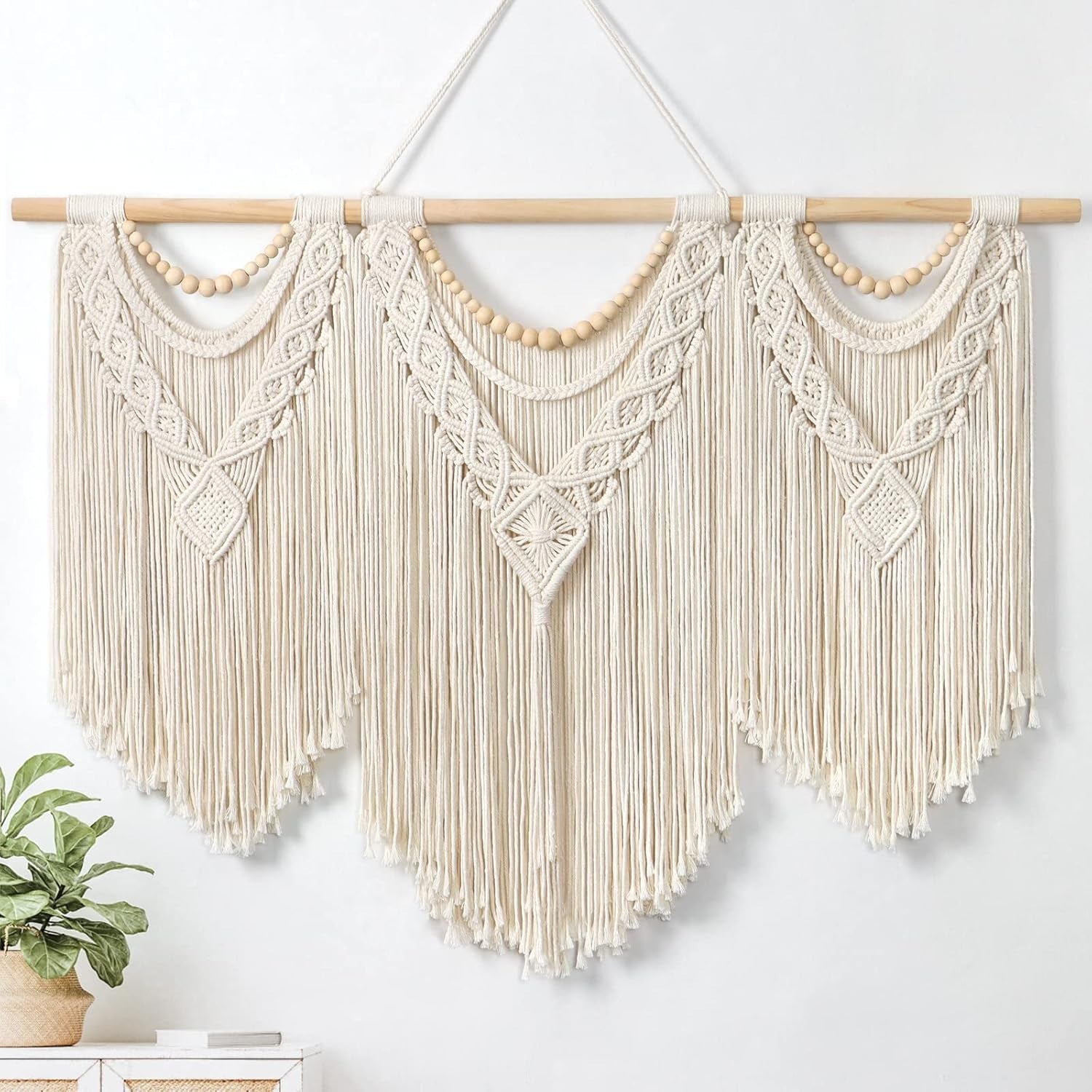 Gobeläng dremisland stor deco vävd beige Hem - Tillbehör och dekorationer Naty Shop Träpärlor