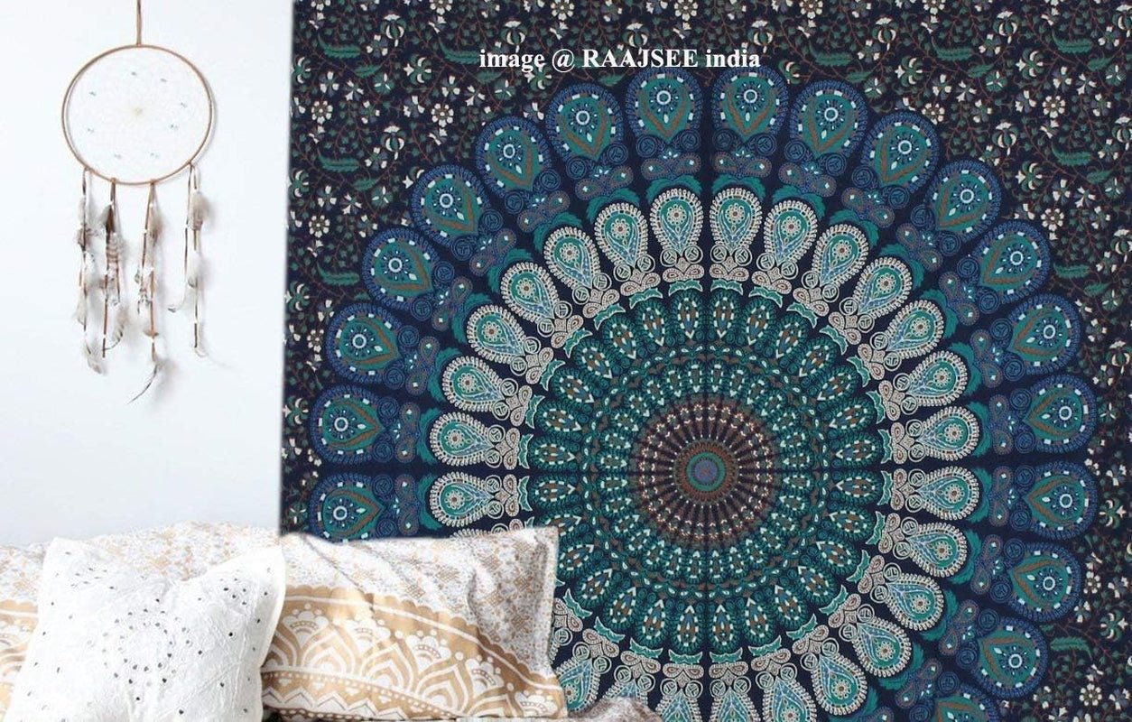 Indisk gobeläng psykedelisk mandala blå turkos elefant Hem - Tillbehör och dekorationer Naty Shop