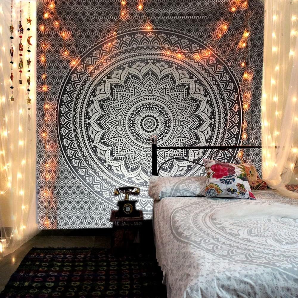 Indisk gobeläng psykedelisk mandala svart vit Indien Hem - Accessoarer och dekorationer Naty Shop