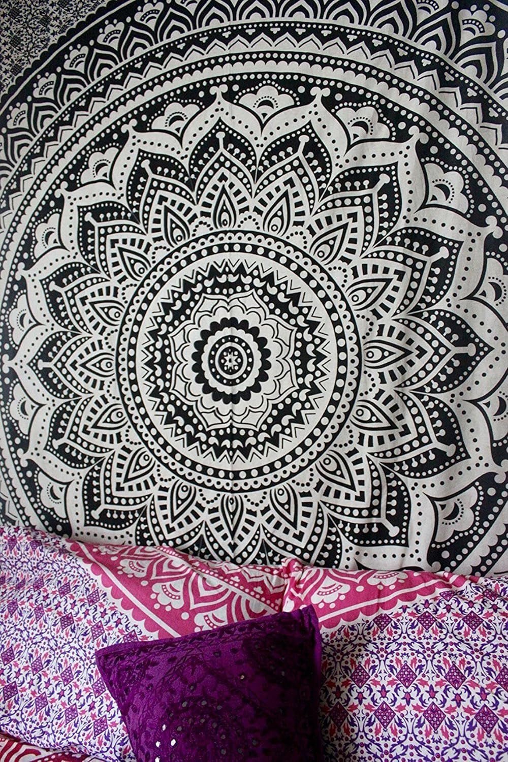Indisk gobeläng psykedelisk mandala svart vit Indien Hem - Accessoarer och dekorationer Naty Shop