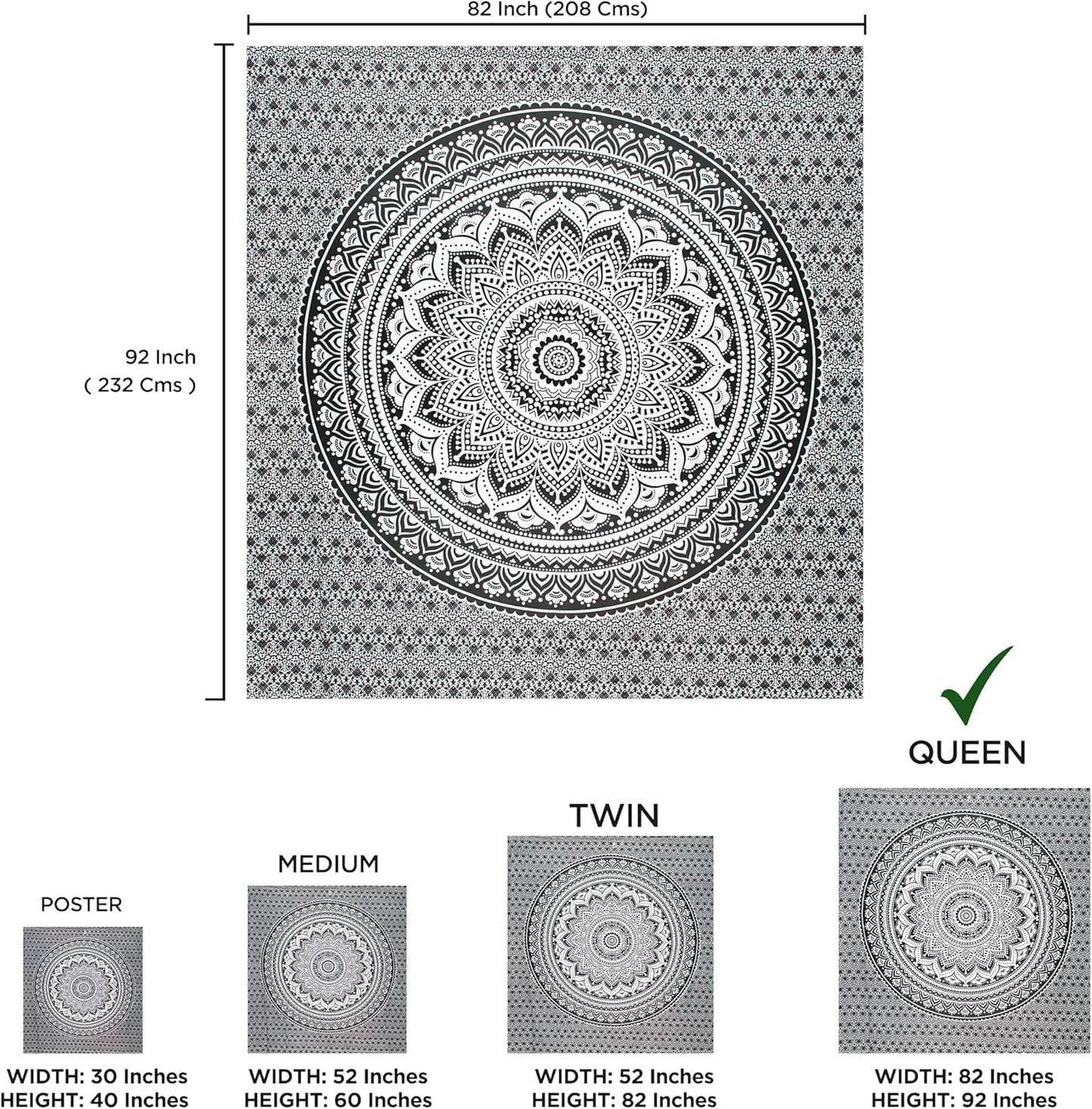 Indisk gobeläng psykedelisk mandala svart vit Indien Hem - Accessoarer och dekorationer Naty Shop