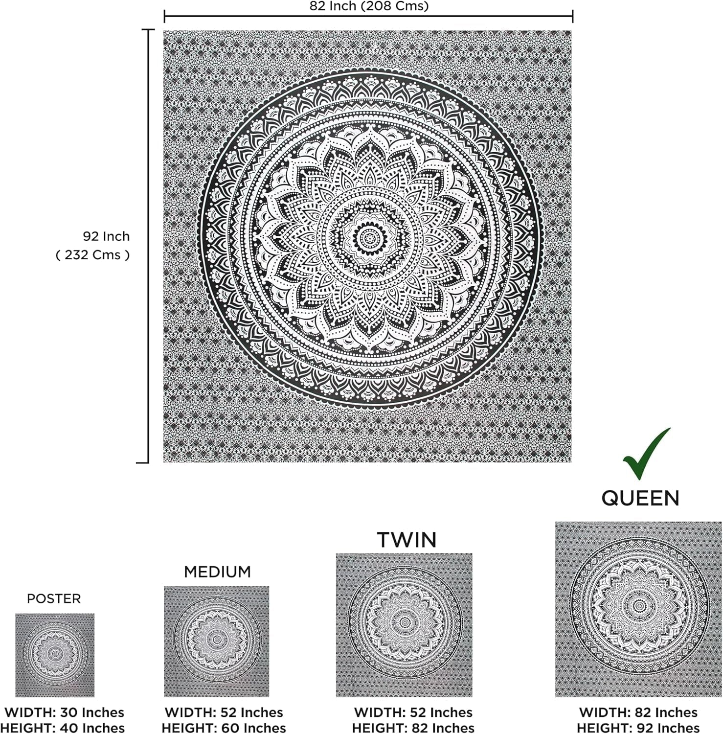 Indisk gobeläng psykedelisk mandala svart vit Indien Hem - Accessoarer och dekorationer Naty Shop