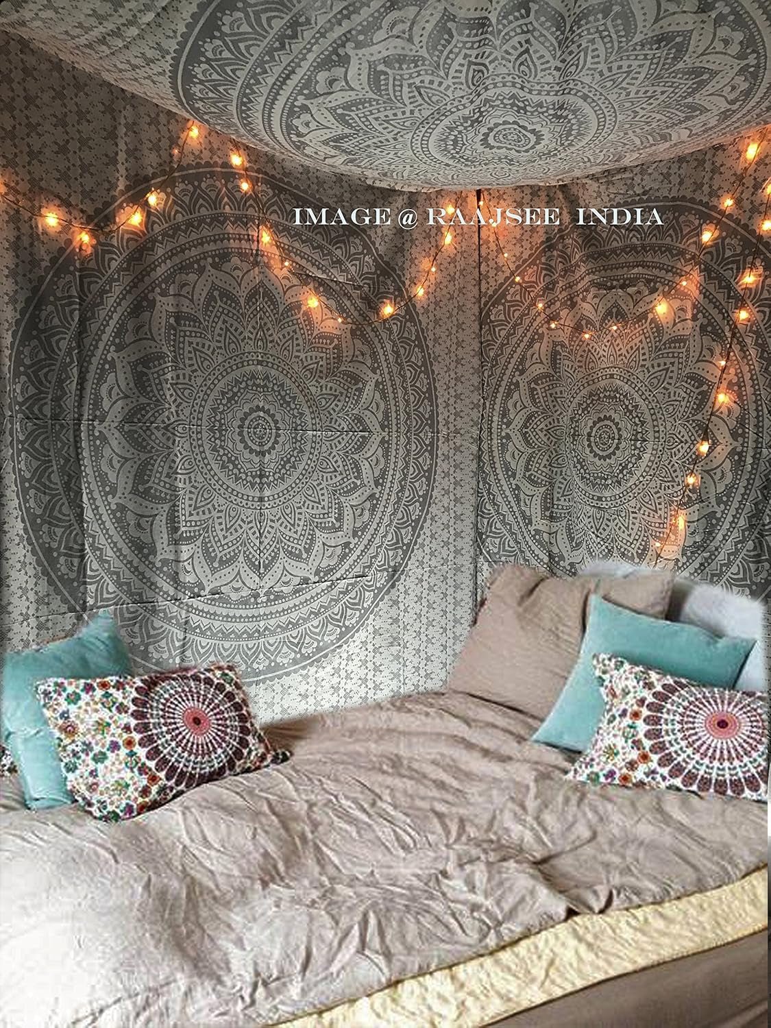 Indisk gobeläng mandala silver vitt rum estetisk duk Hem - Accessoarer och dekorationer Naty Shop