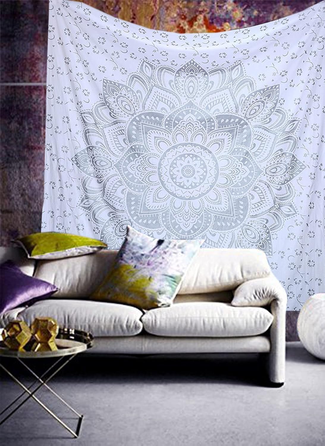 Indisk gobeläng mandala silver vitt rum estetisk duk Hem - Accessoarer och dekorationer Naty Shop