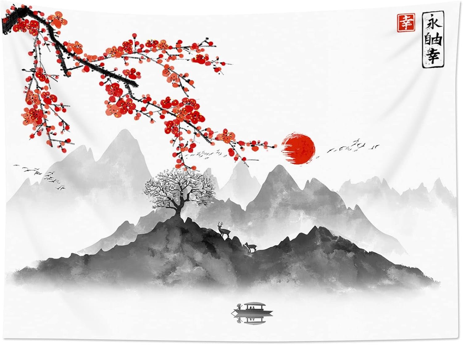 Japansk gobeläng canvas röda körsbärsblommor solvägg Hem - Tillbehör och dekorationer Naty Shop
