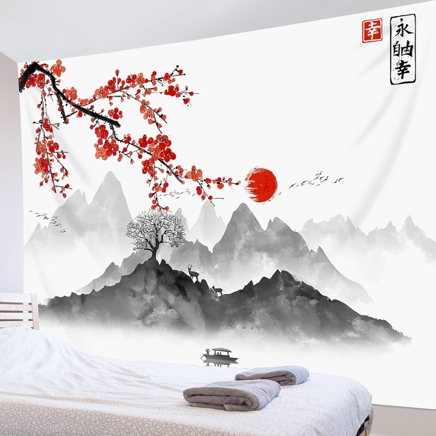 Japansk gobeläng canvas röda körsbärsblommor solvägg Hem - Tillbehör och dekorationer Naty Shop