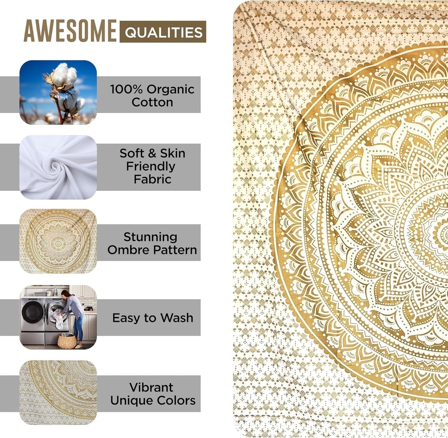 Mandala gobeläng rum dekoration estetisk guld vit canvas Hem - Accessoarer och dekorationer Naty Shop