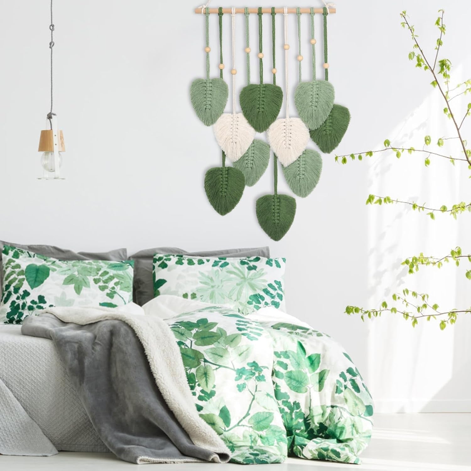 Handgjord gobeläng med träpärlor och gröna blad Casa - Accessoarer och dekorationer Naty Shop