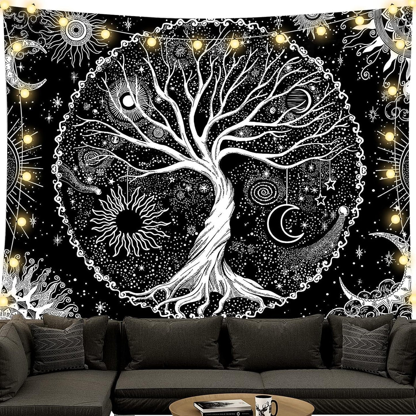 Gobeläng svart och vit livets träd gobeläng månfaser Hem - Tillbehör och dekorationer Naty Shop Livets träd 200L X 150B Cm