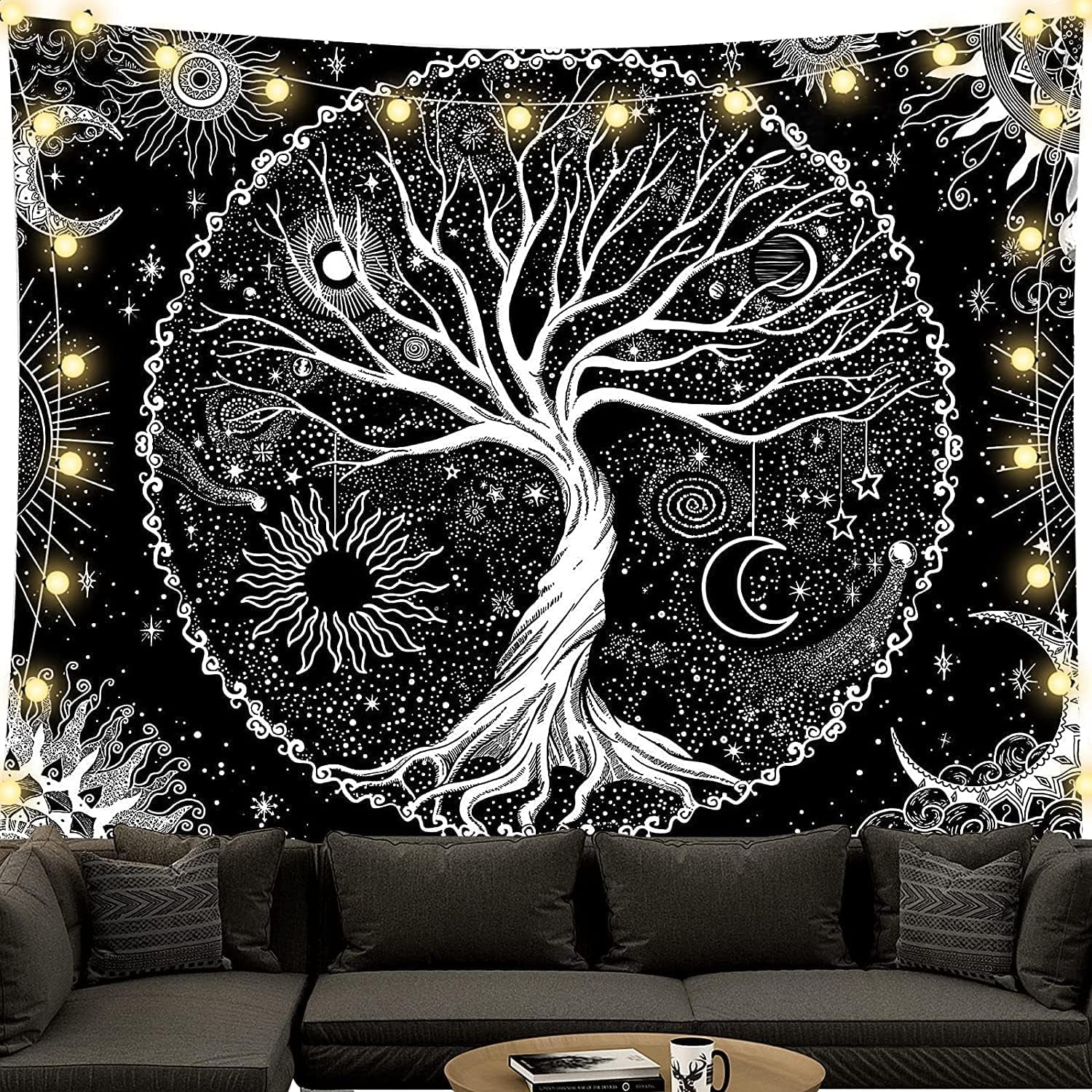 Gobeläng svart och vit livets träd gobeläng månfaser Hem - Tillbehör och dekorationer Naty Shop Livets träd 150L X 130B Cm