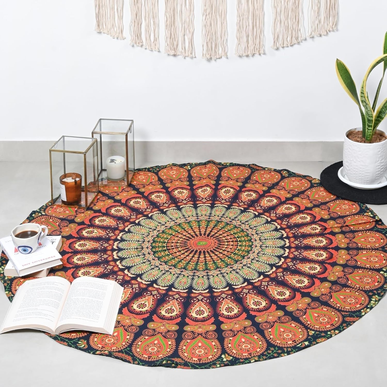 Rund gobeläng påfågel mandala centimeter rund hippie ansikte Hem - Tillbehör och dekorationer Naty Shop Goldgreen 121,9L X 121,9B Cm