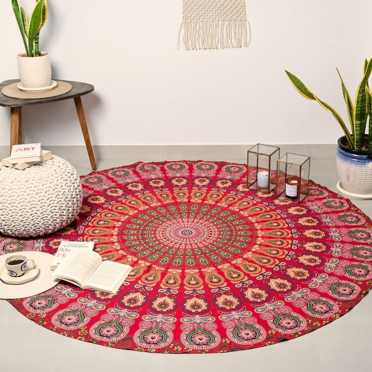 Rund gobeläng påfågel mandala centimeter rund hippie tjej Casa - Tillbehör och dekorationer Naty Shop Gyllene röd D-72"