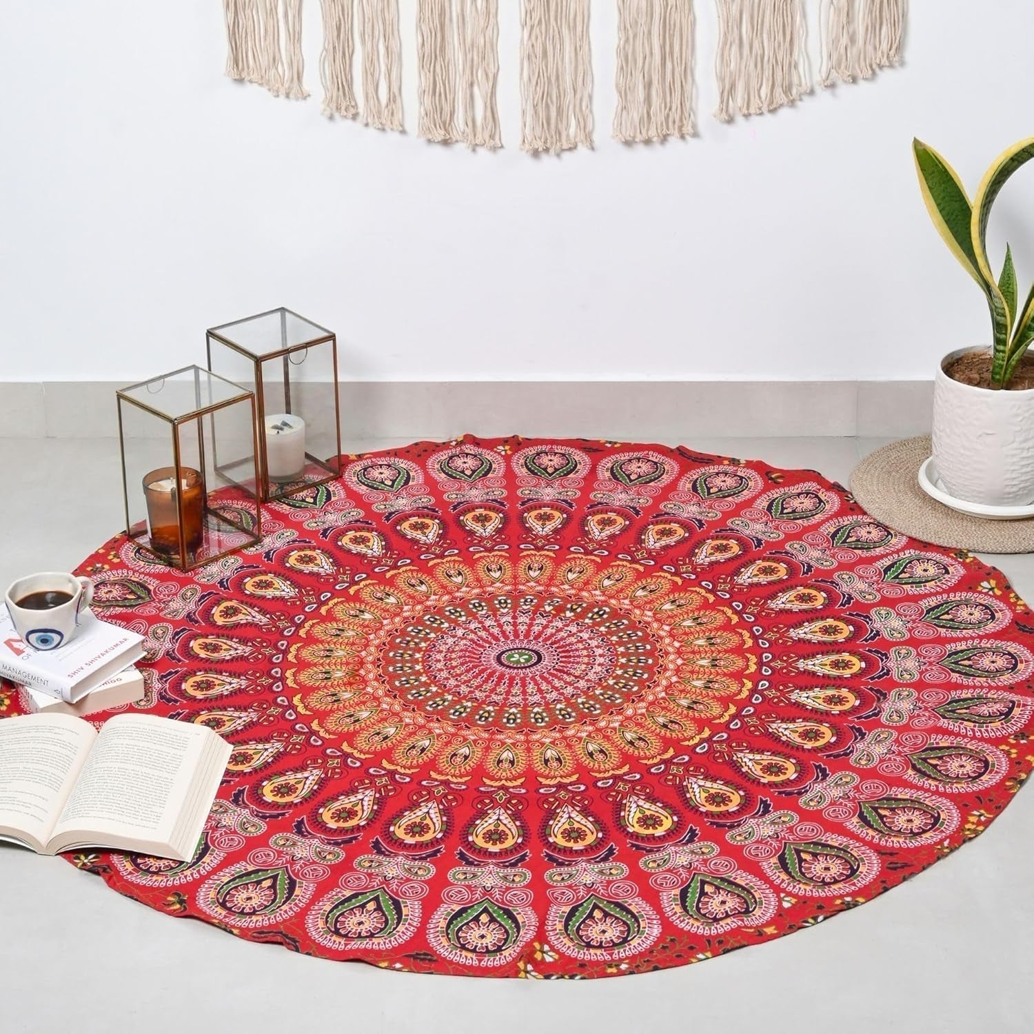 Rund gobeläng påfågel mandala centimeter rund hippie tjej Casa - Tillbehör och dekorationer Naty Shop Gyllene röd D-48"