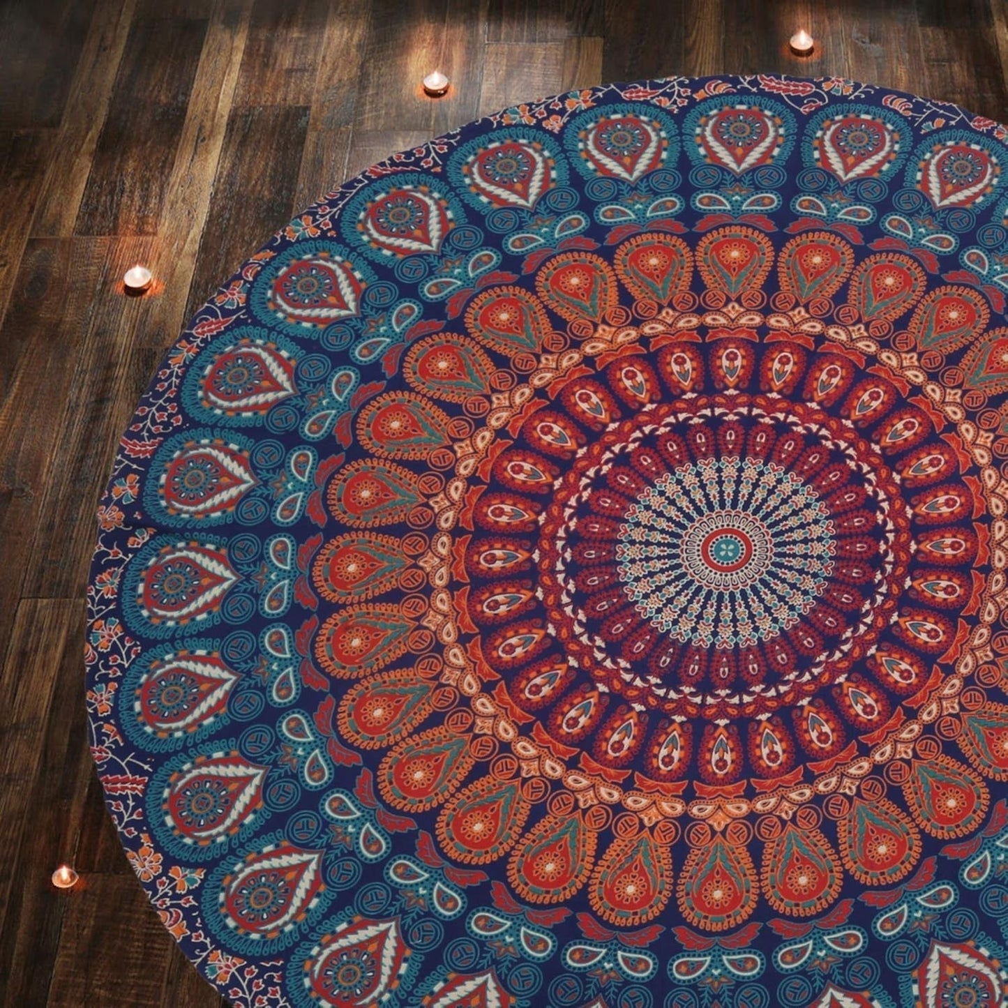 Rund gobeläng påfågel mandala centimeter rund hippie ansikte Hem - Tillbehör och dekorationer Naty Shop Guldblå 122L X 122B Cm