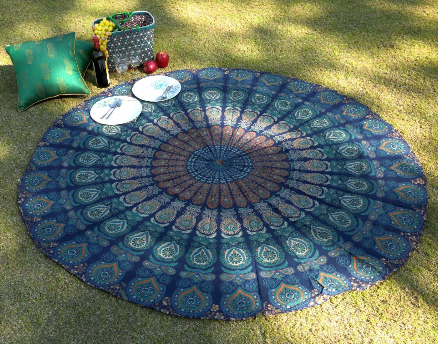 Rund gobeläng påfågel mandala centimeter rund hippie ansikte Hem - Tillbehör och dekorationer Naty Shop Blågrön 122L X 122B Cm