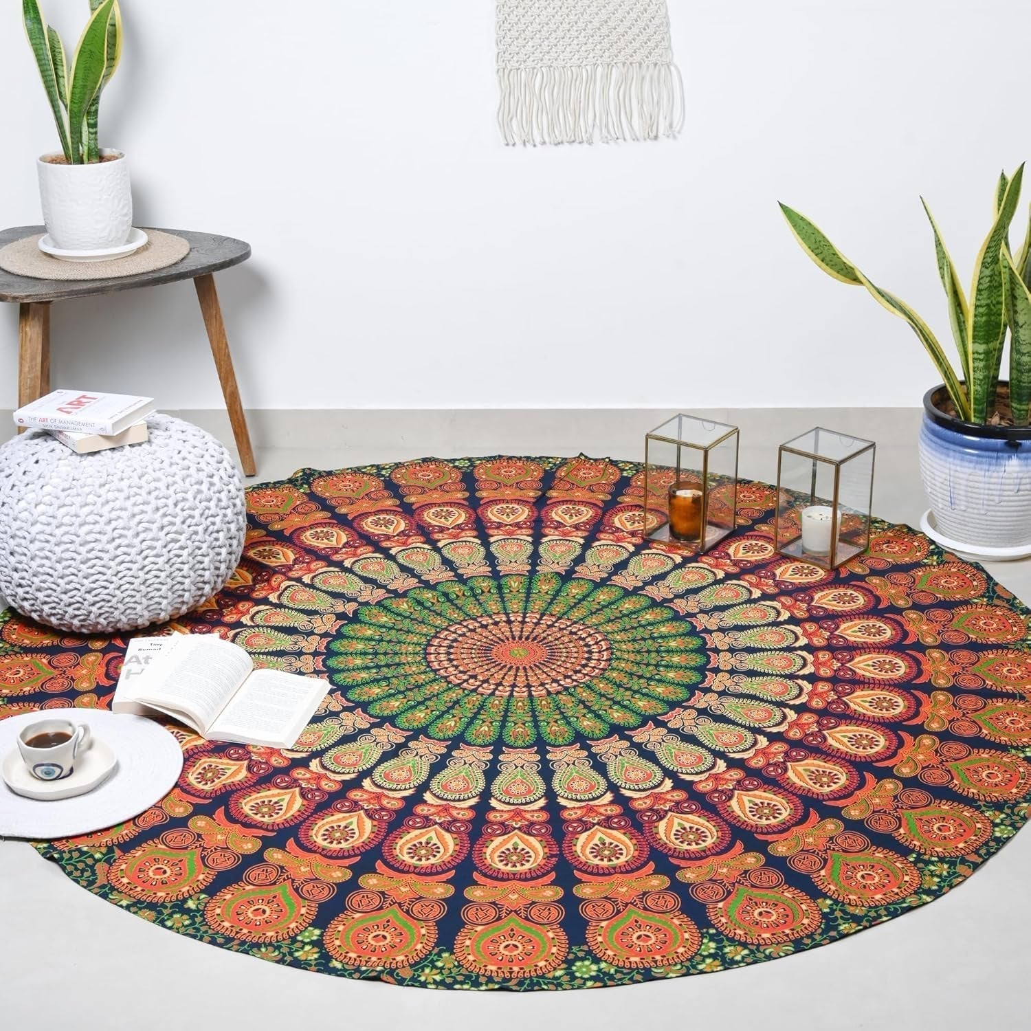 Rund gobeläng påfågel mandala centimeter rund hippie ansikte Hem - Tillbehör och dekorationer Naty Shop Goldgreen 182.9L X 182.9B Cm