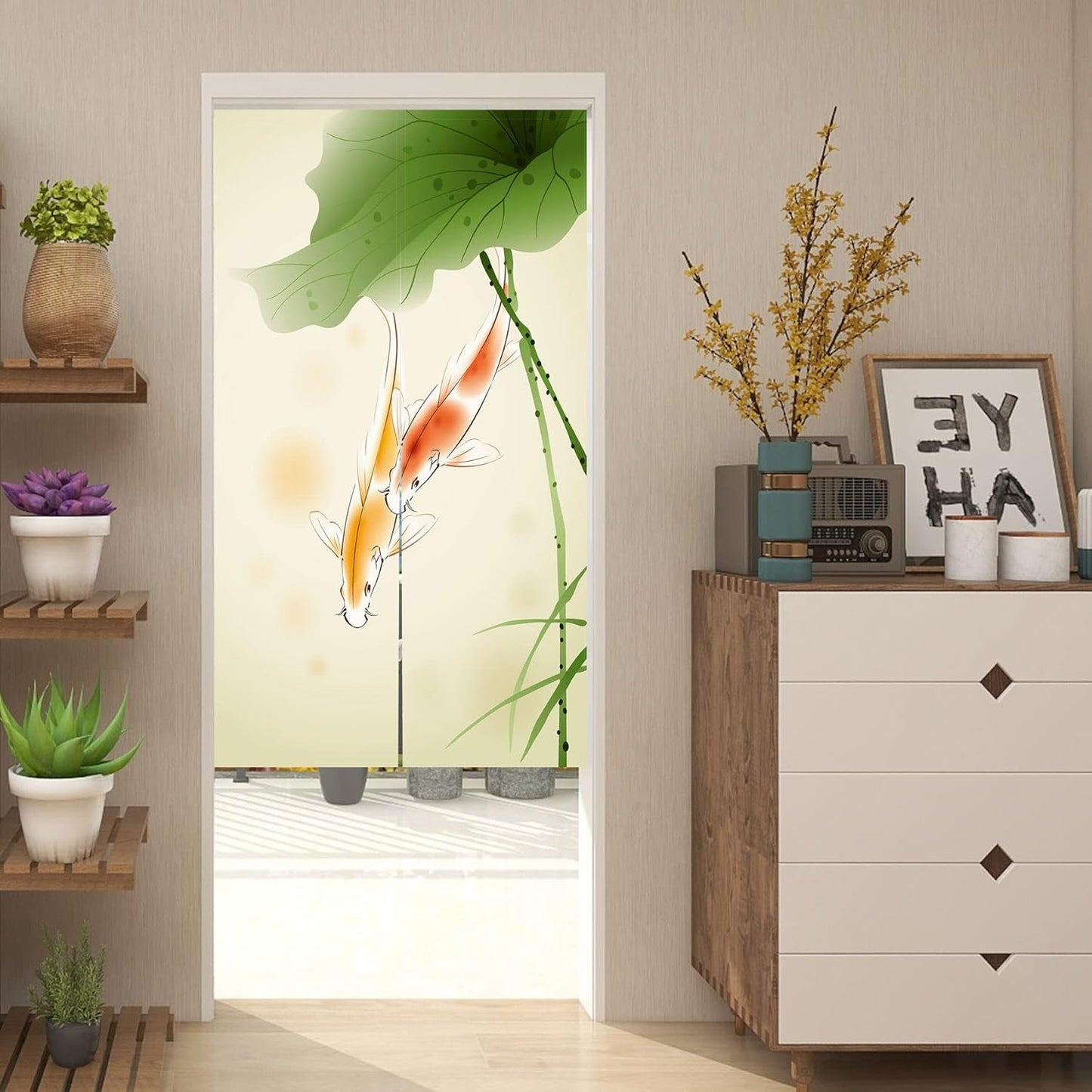 Gobeläng i japansk stil, tjockt norenlinne, långt lotushus - Tillbehör och dekorationer Naty Shop