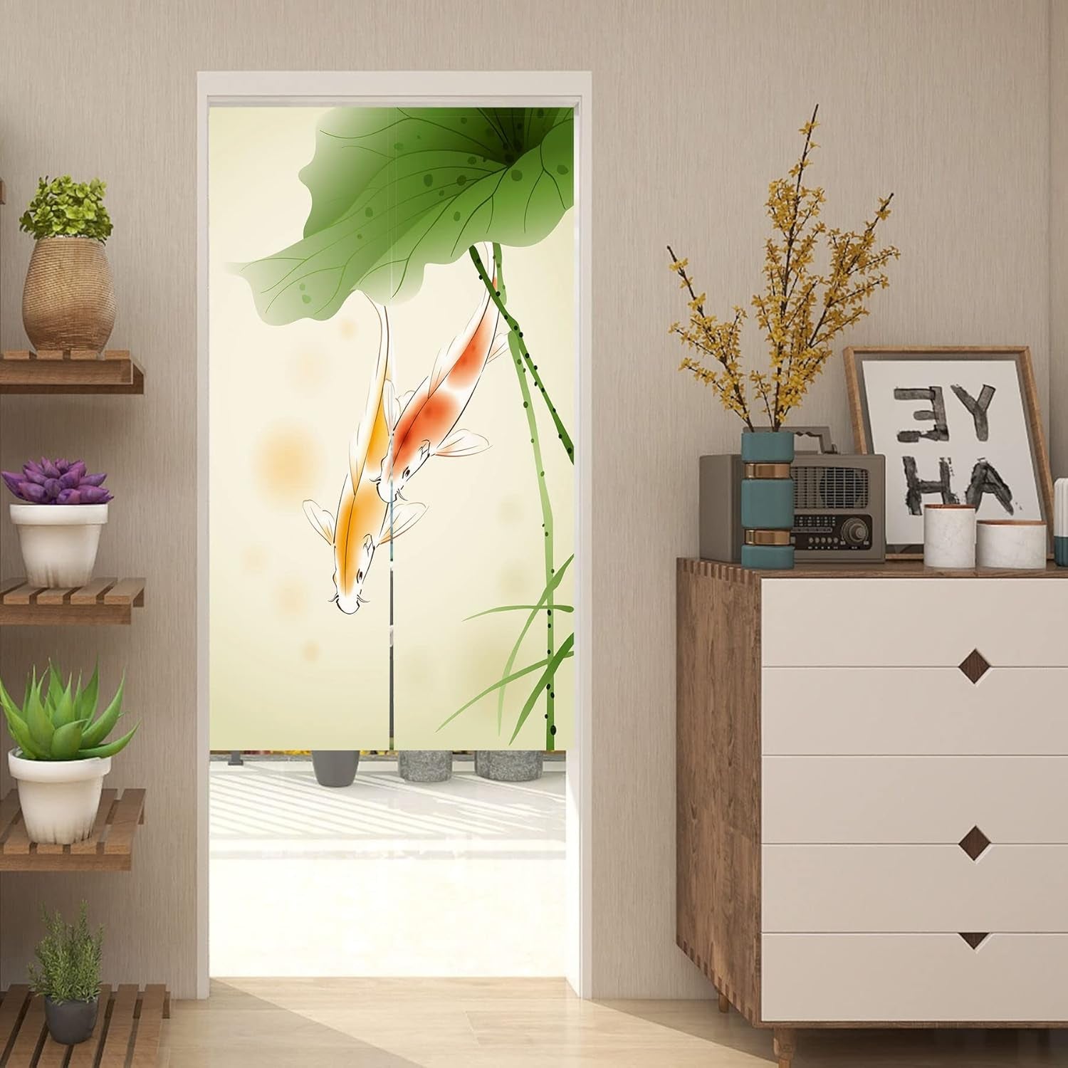 Gobeläng i japansk stil, tjockt norenlinne, långt lotushus - Tillbehör och dekorationer Naty Shop