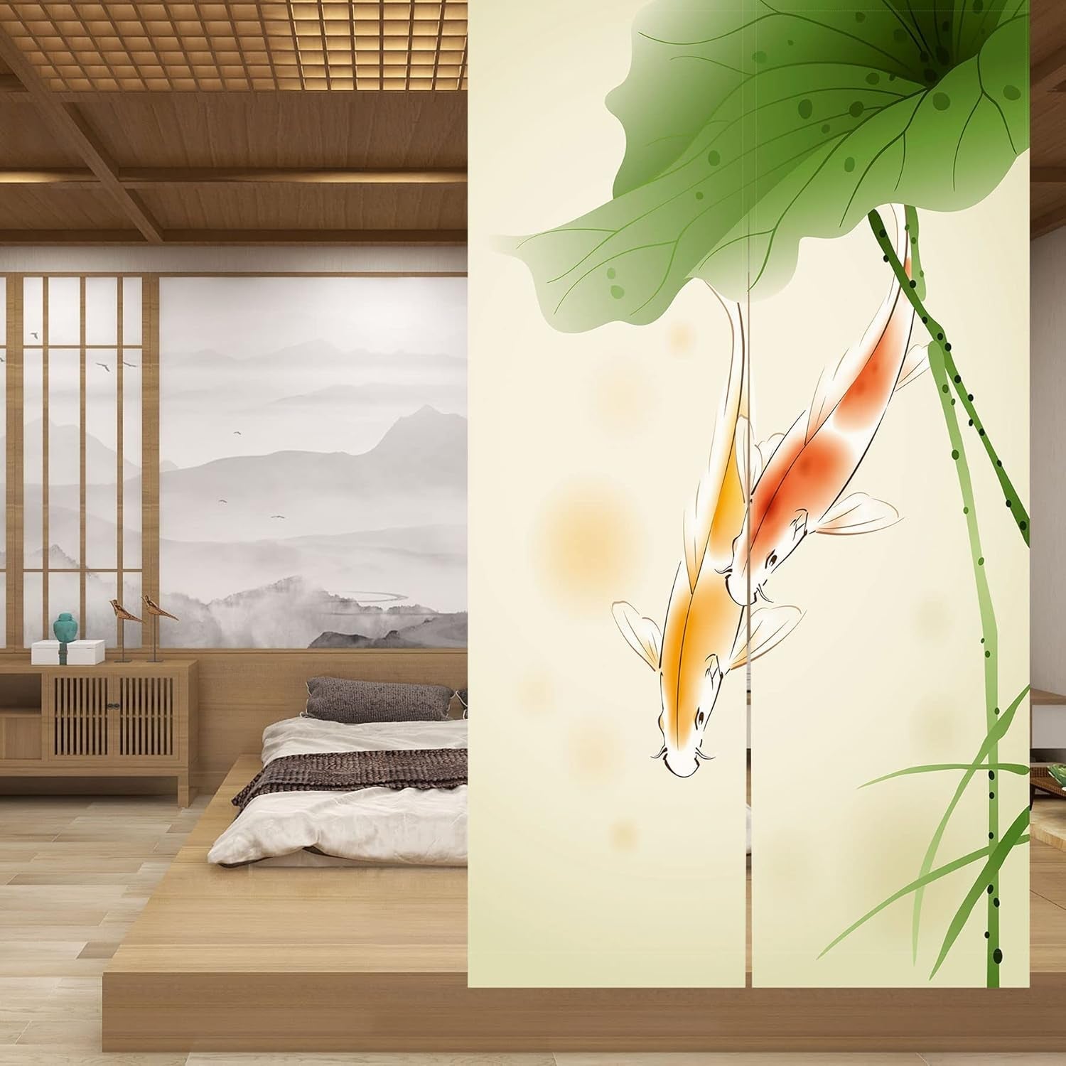 Gobeläng i japansk stil, tjockt norenlinne, långt lotushus - Tillbehör och dekorationer Naty Shop