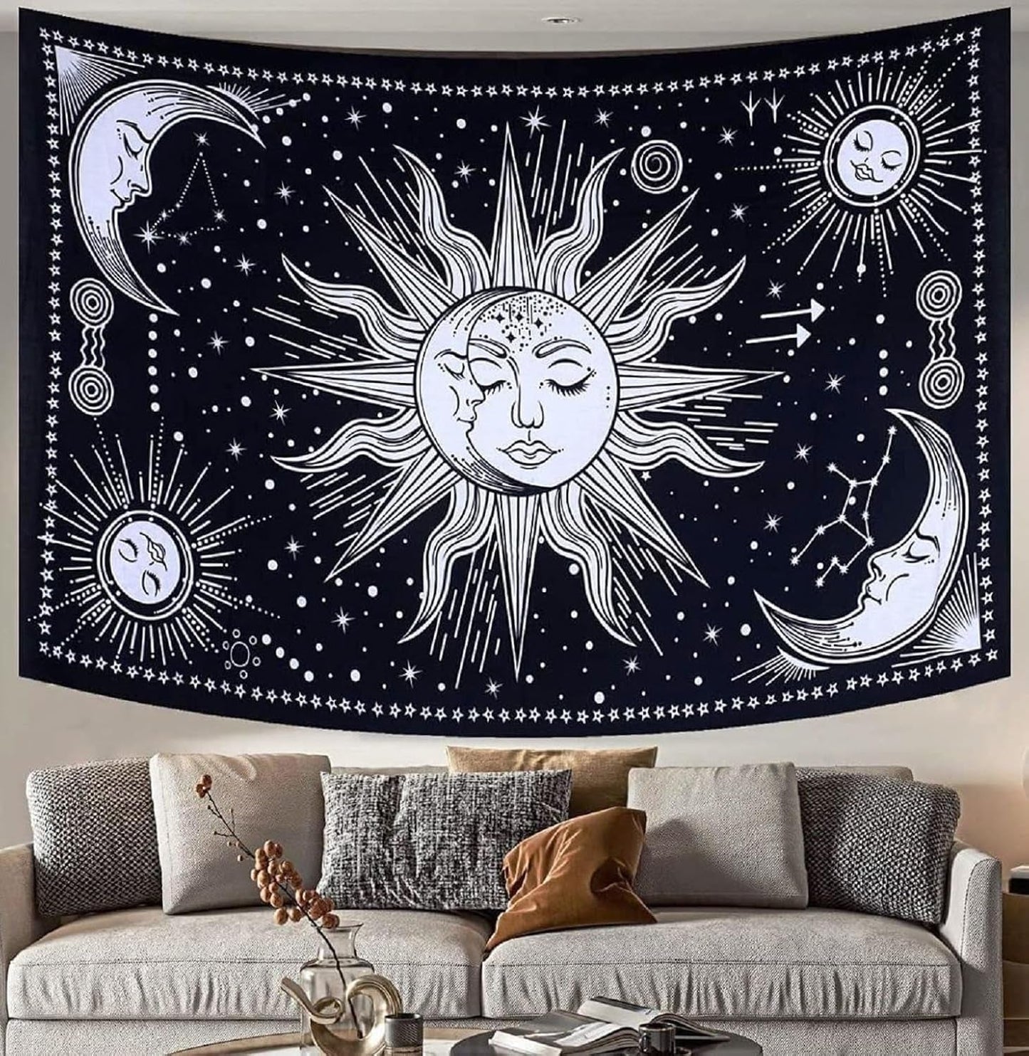 Gobeläng sol månstjärna spirituell astetisk regnbågsbomull Hem - Tillbehör och dekorationer Naty Shop Svart/vit 102L X 77B Cm