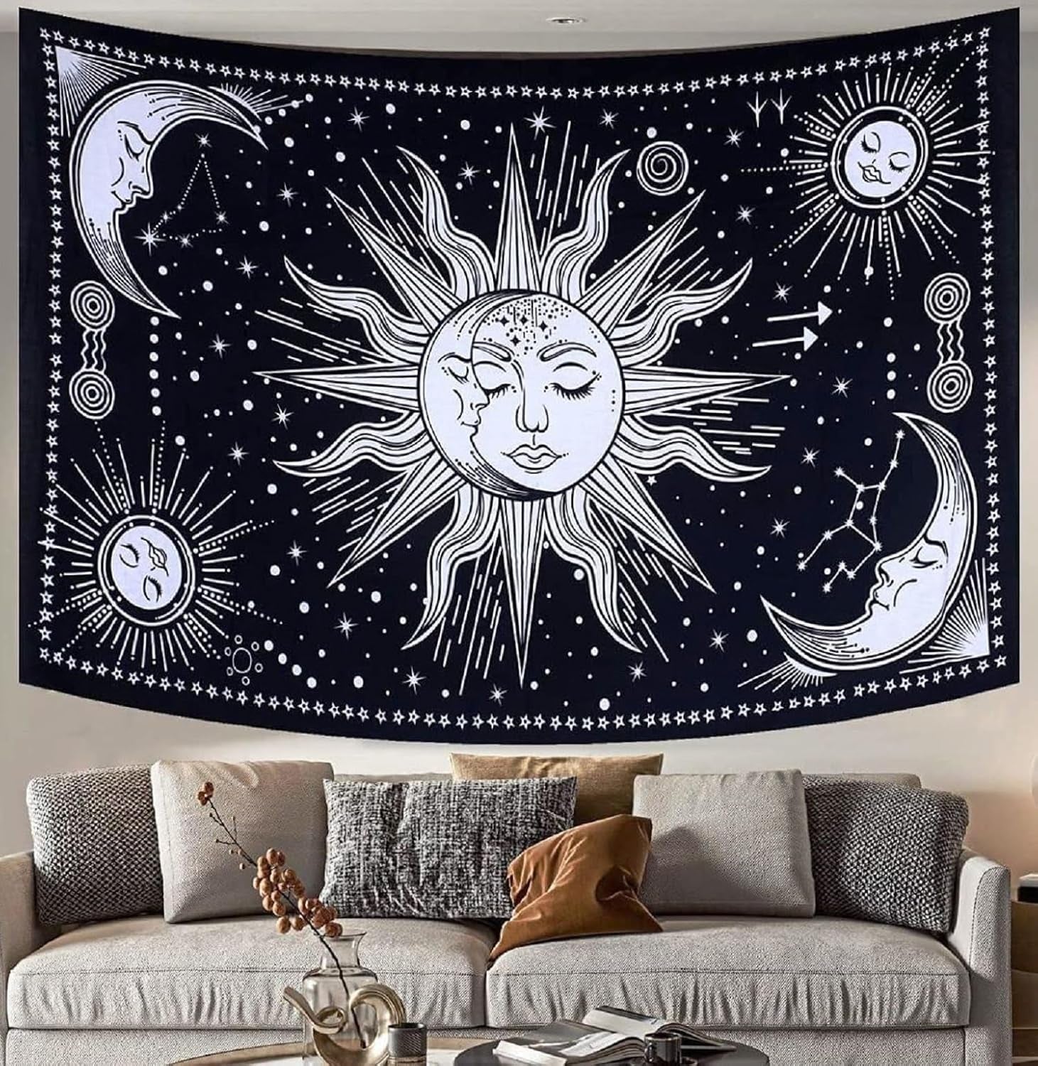 Gobeläng sol månstjärna spirituell astetisk regnbågsbomull Hem - Tillbehör och dekorationer Naty Shop Svart/vit 102L X 77B Cm