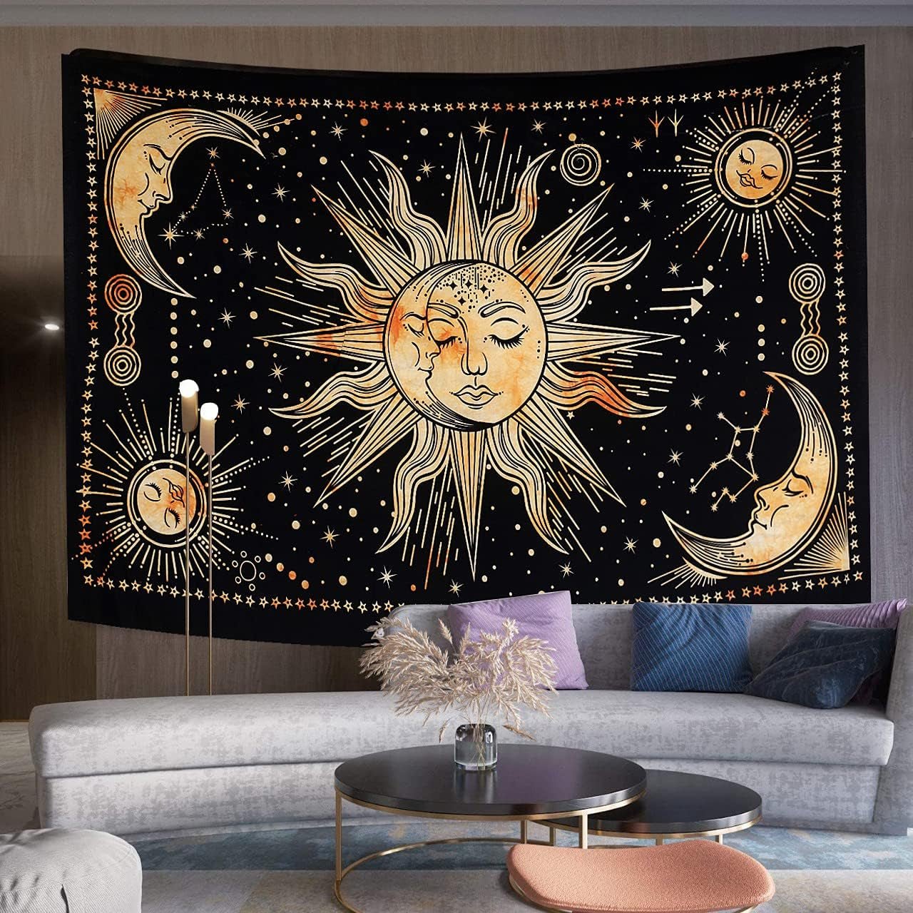 Gobeläng sol månstjärna andlig astetisk regnbågsbomull Hem - Tillbehör och dekorationer Naty Shop Gul 102L X 77B Cm