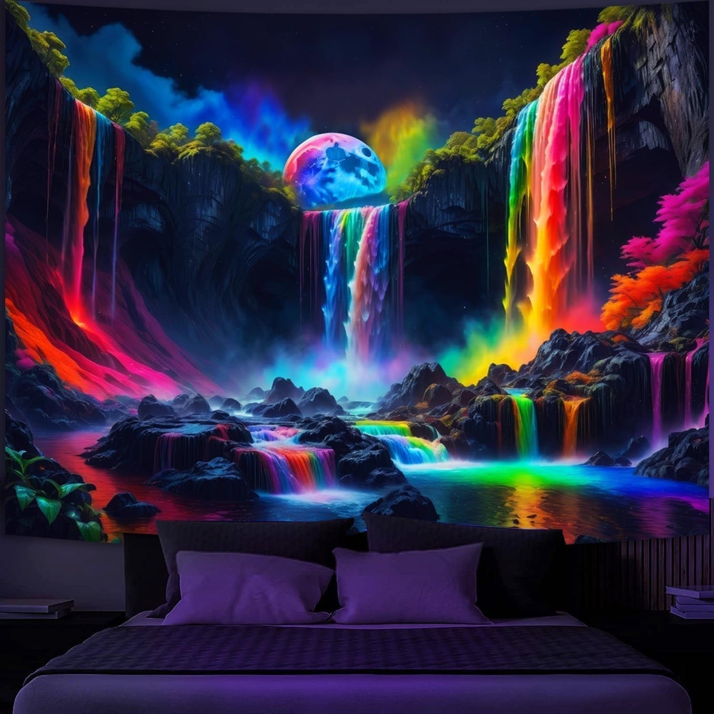 Gobeläng gobeläng planetariskt vattenfall fantasi svart ljus Hem - Tillbehör och dekorationer Naty Shop 150L X 130B Cm