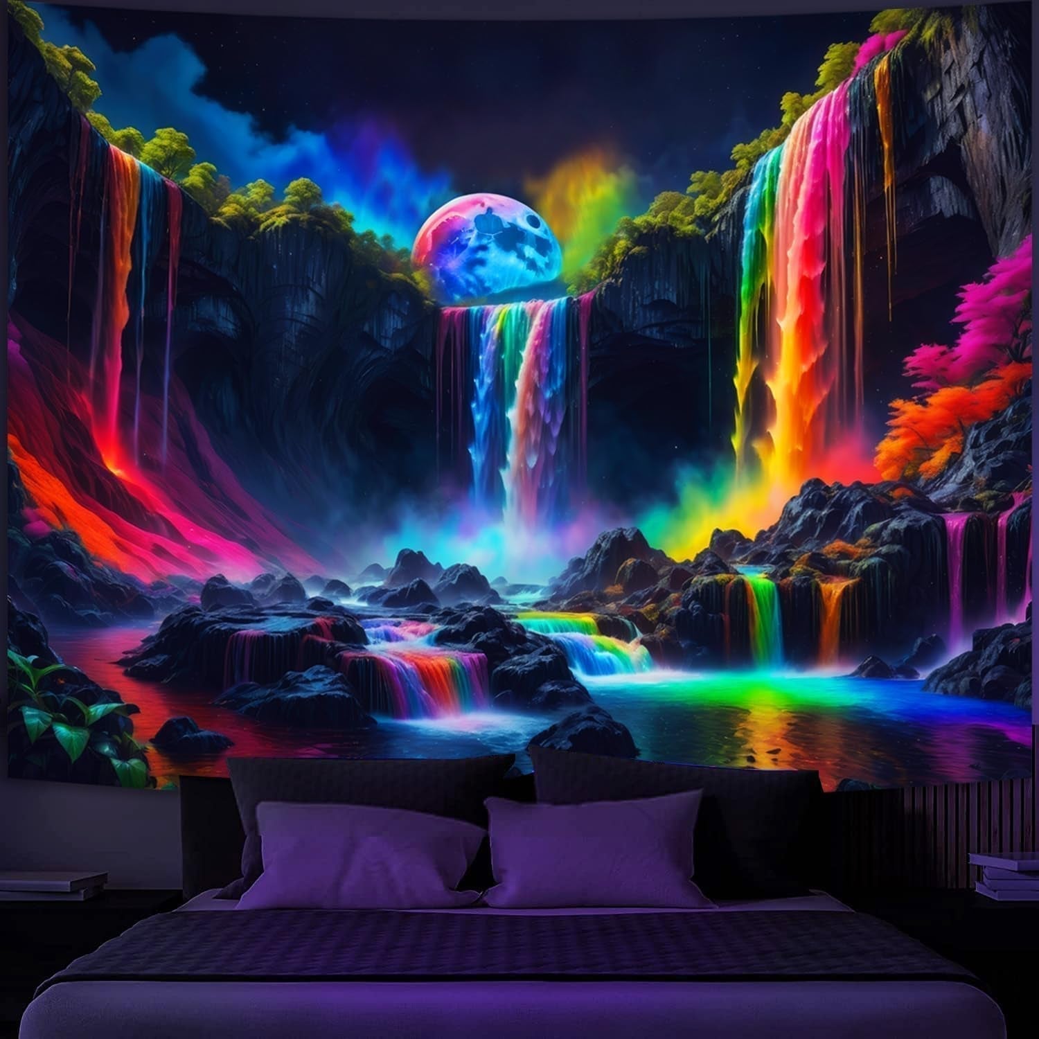 Gobeläng gobeläng planetariskt vattenfall fantasi svart ljus Hem - Tillbehör och dekorationer Naty Shop 150L X 130B Cm