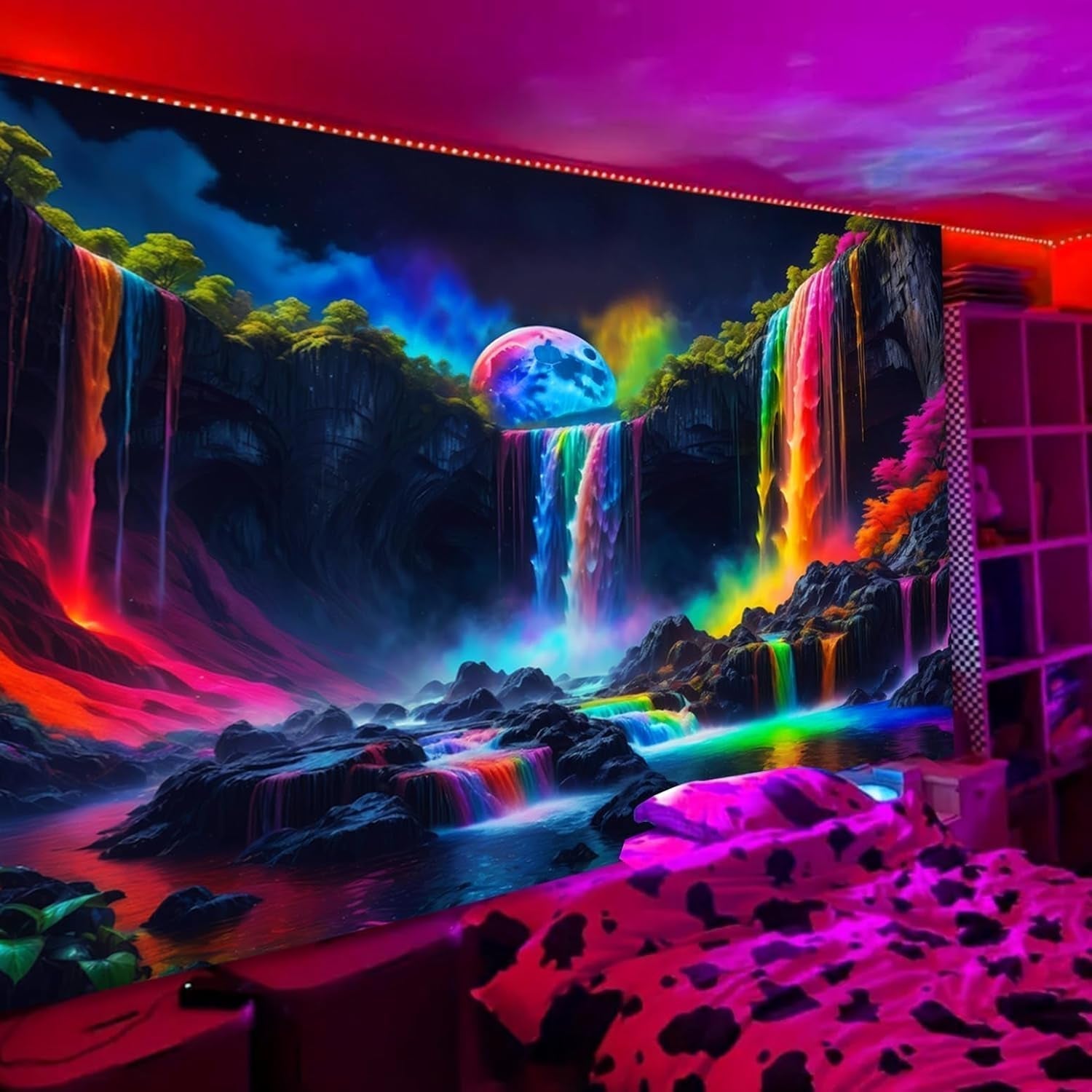 Gobeläng gobeläng planetariskt vattenfall fantasi svart ljus Hem - Tillbehör och dekorationer Naty Shop 300L X 180B Cm