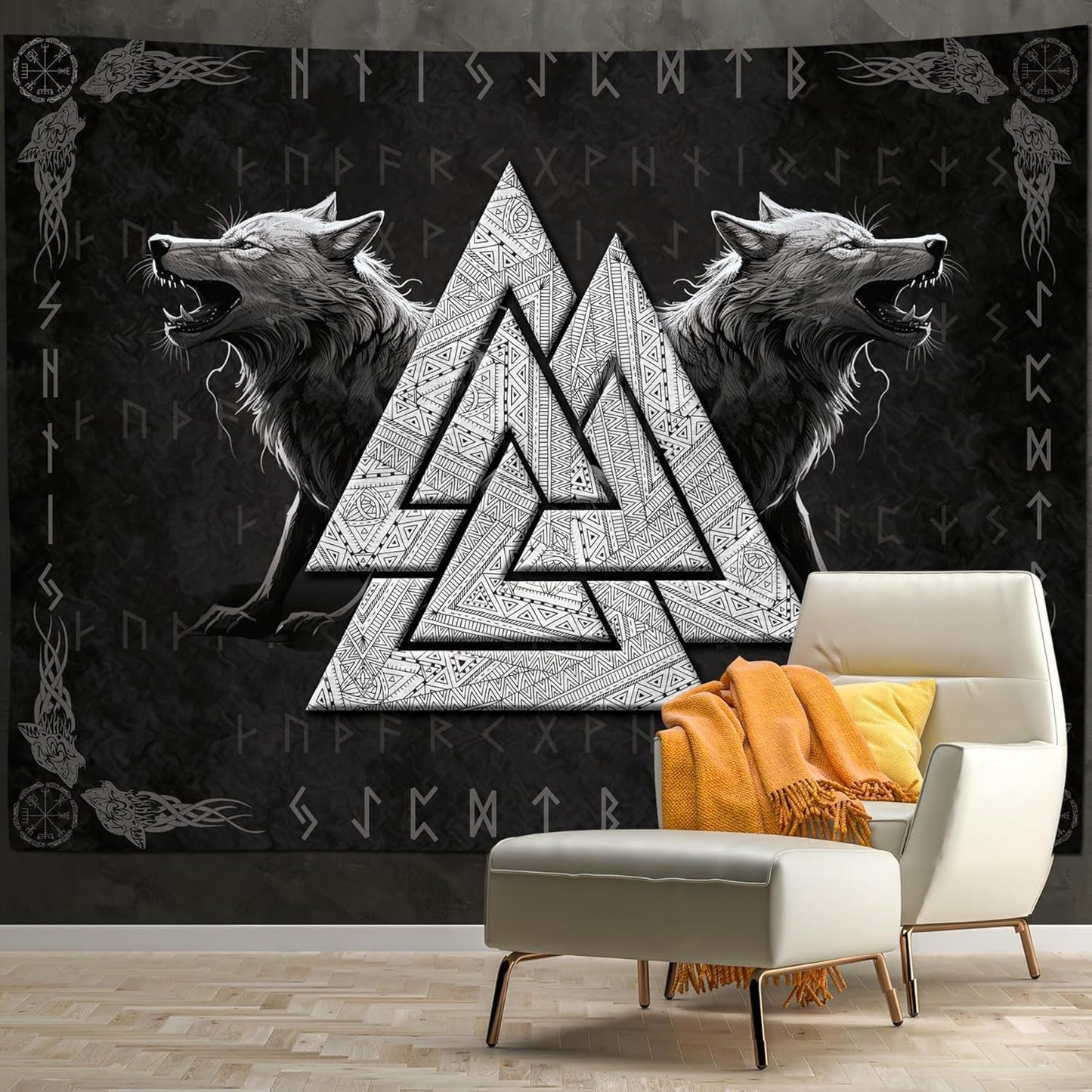 Gobeläng viking varg totem svart vit meditationsrunor Hem - Accessoarer och dekorationer Naty Shop