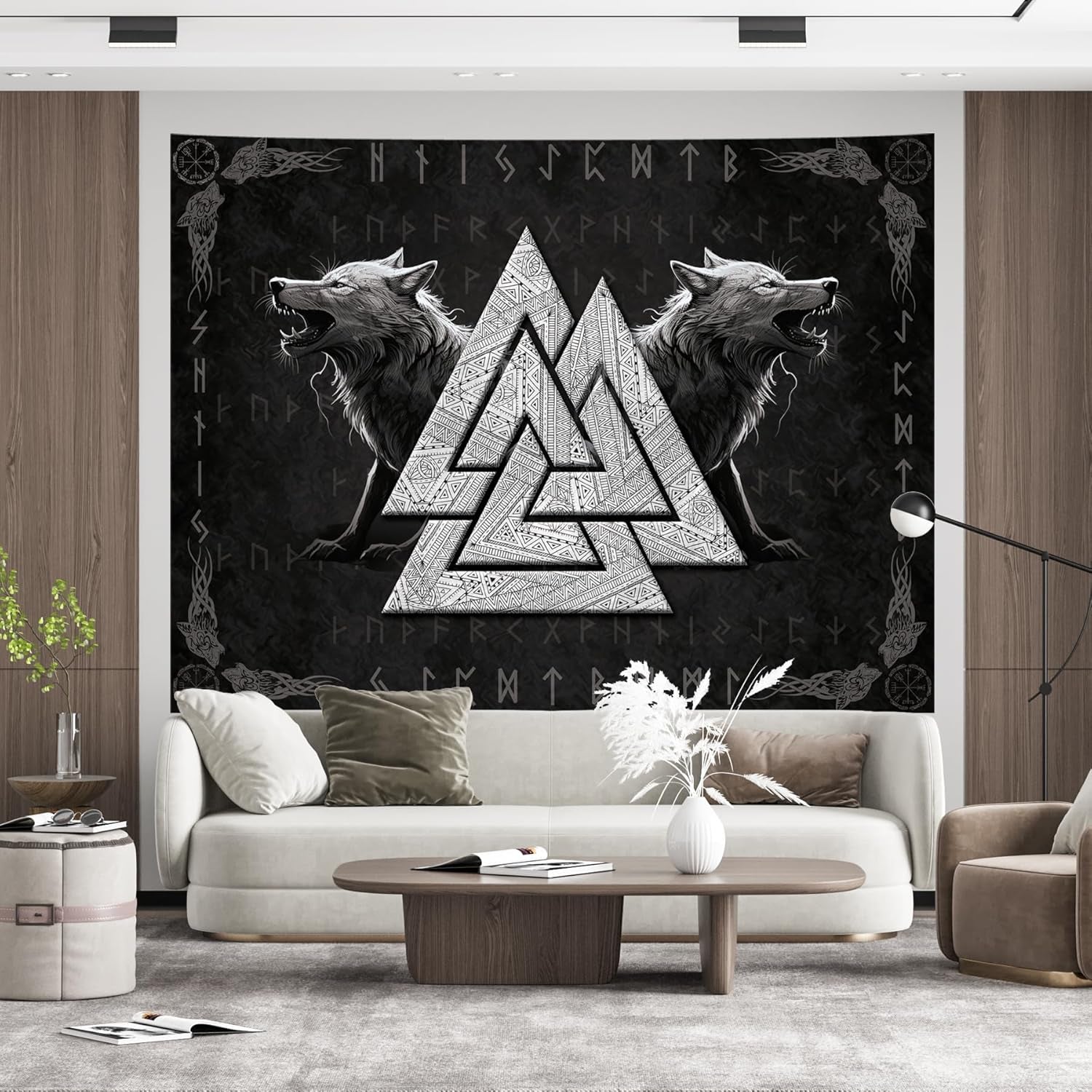 Gobeläng viking varg totem svart vit meditationsrunor Hem - Accessoarer och dekorationer Naty Shop