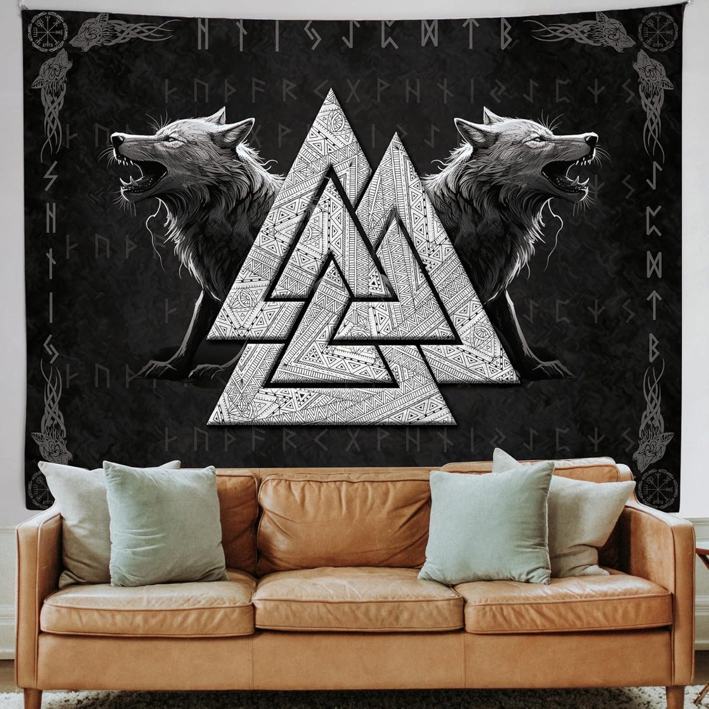 Gobeläng viking varg totem svart vit meditationsrunor Hem - Accessoarer och dekorationer Naty Shop