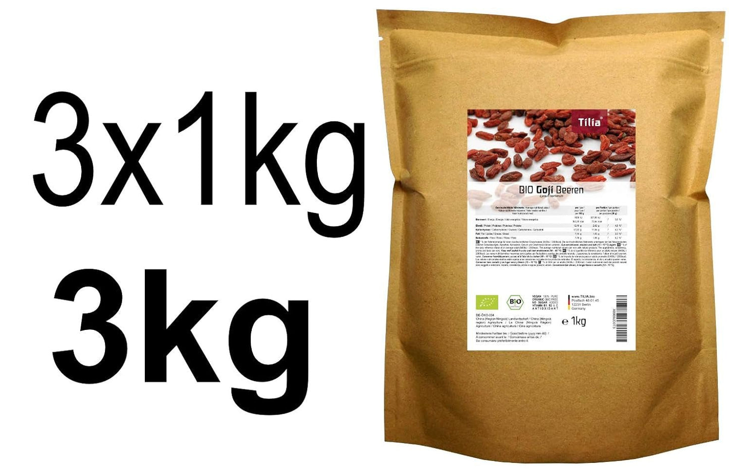 Tilia BIO Goji bär 1 kg Naty Shop torkade produkter 1 kg (förpackning med 3)