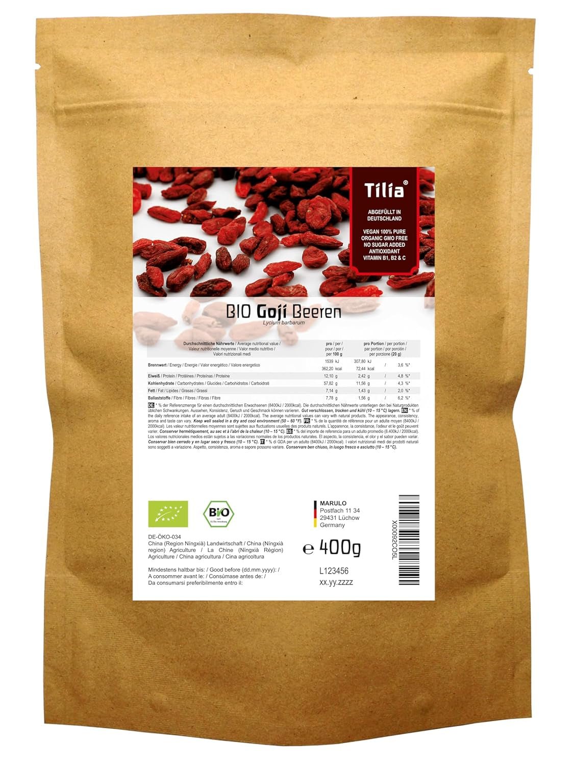 Tilia BIO Goji bär 1 kg Naty Shop torkade produkter 400 G (1 paket)