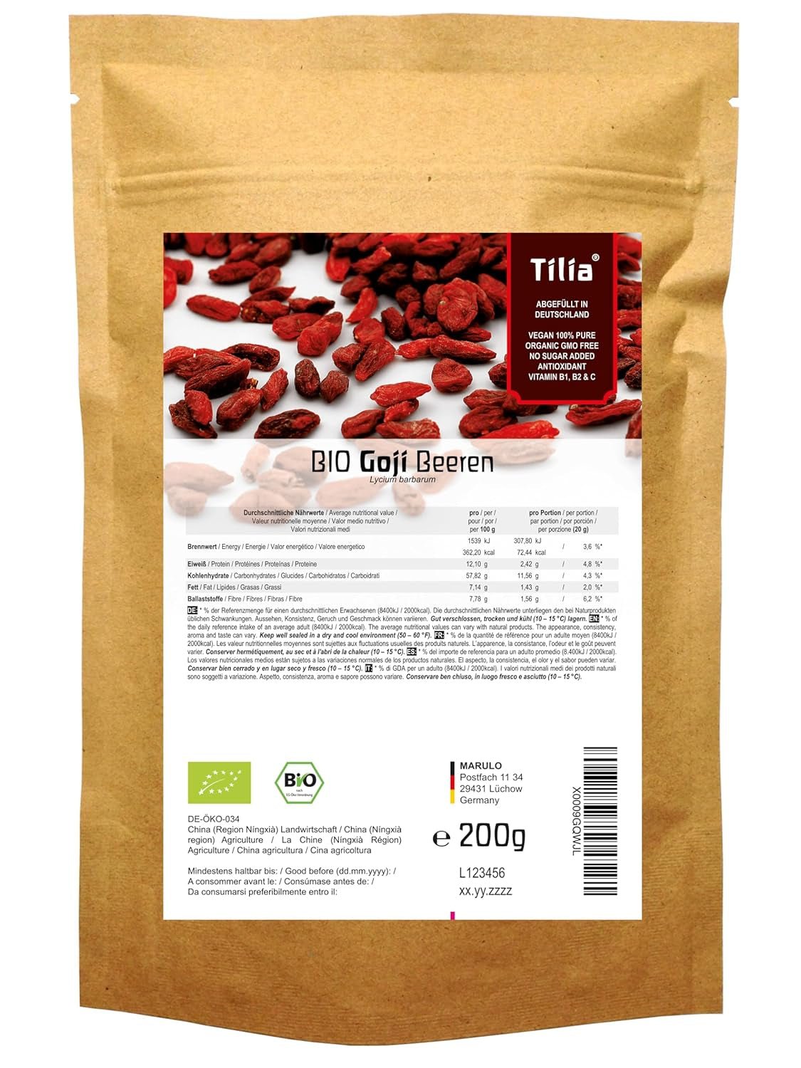 Tilia BIO Goji bär 1 kg Naty Shop torkade produkter 200 G (1 förpackning)